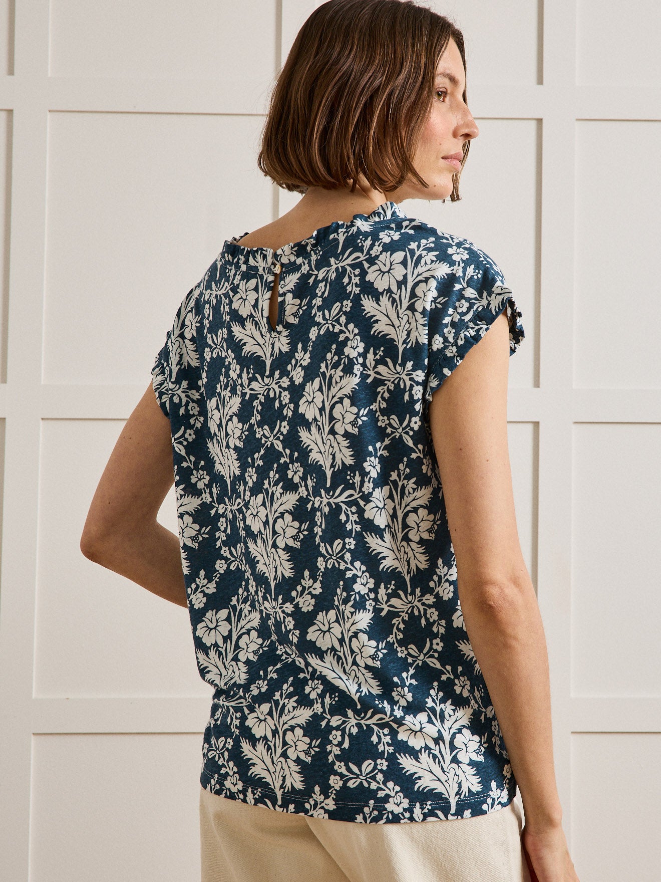 T-shirt imprimé volanté lin et viscose femme