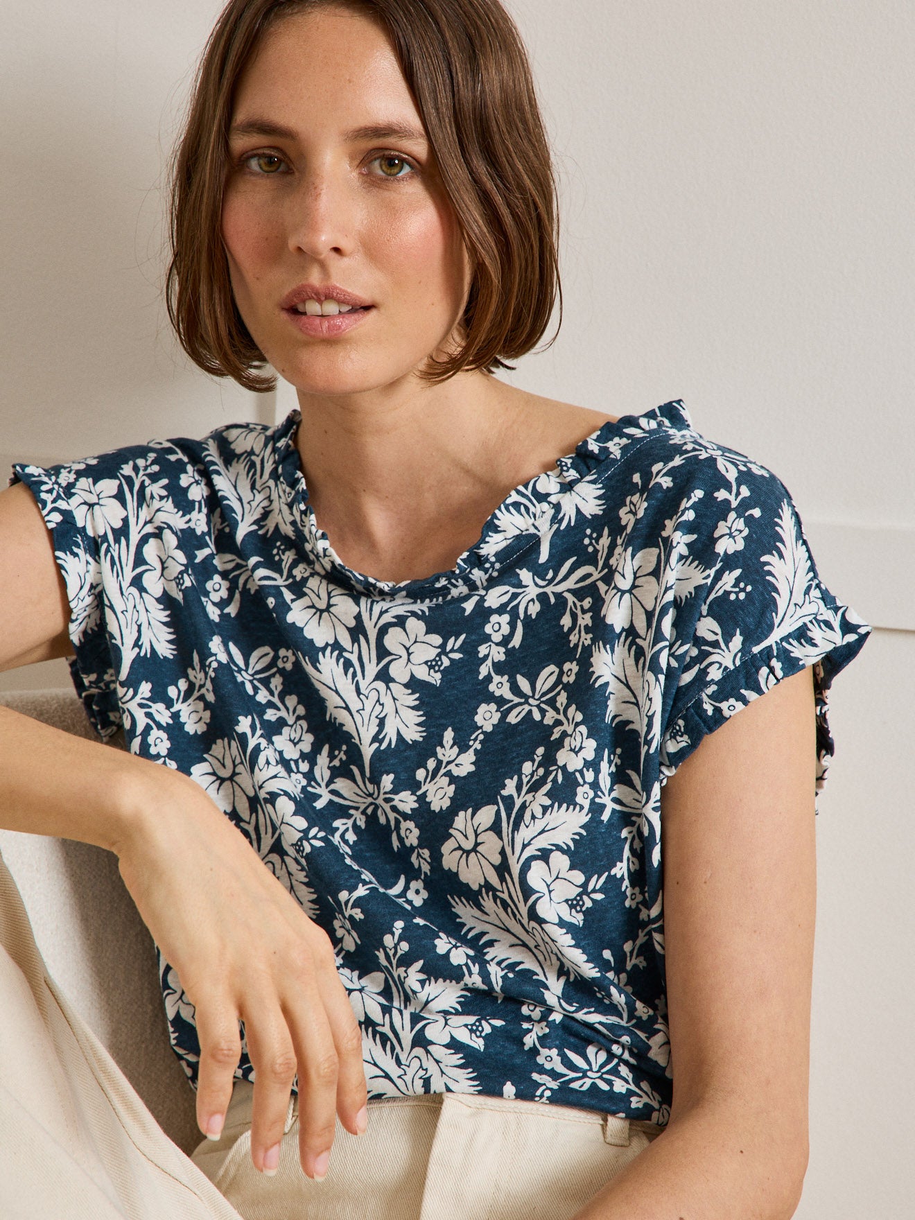 T-shirt imprimé volanté lin et viscose femme