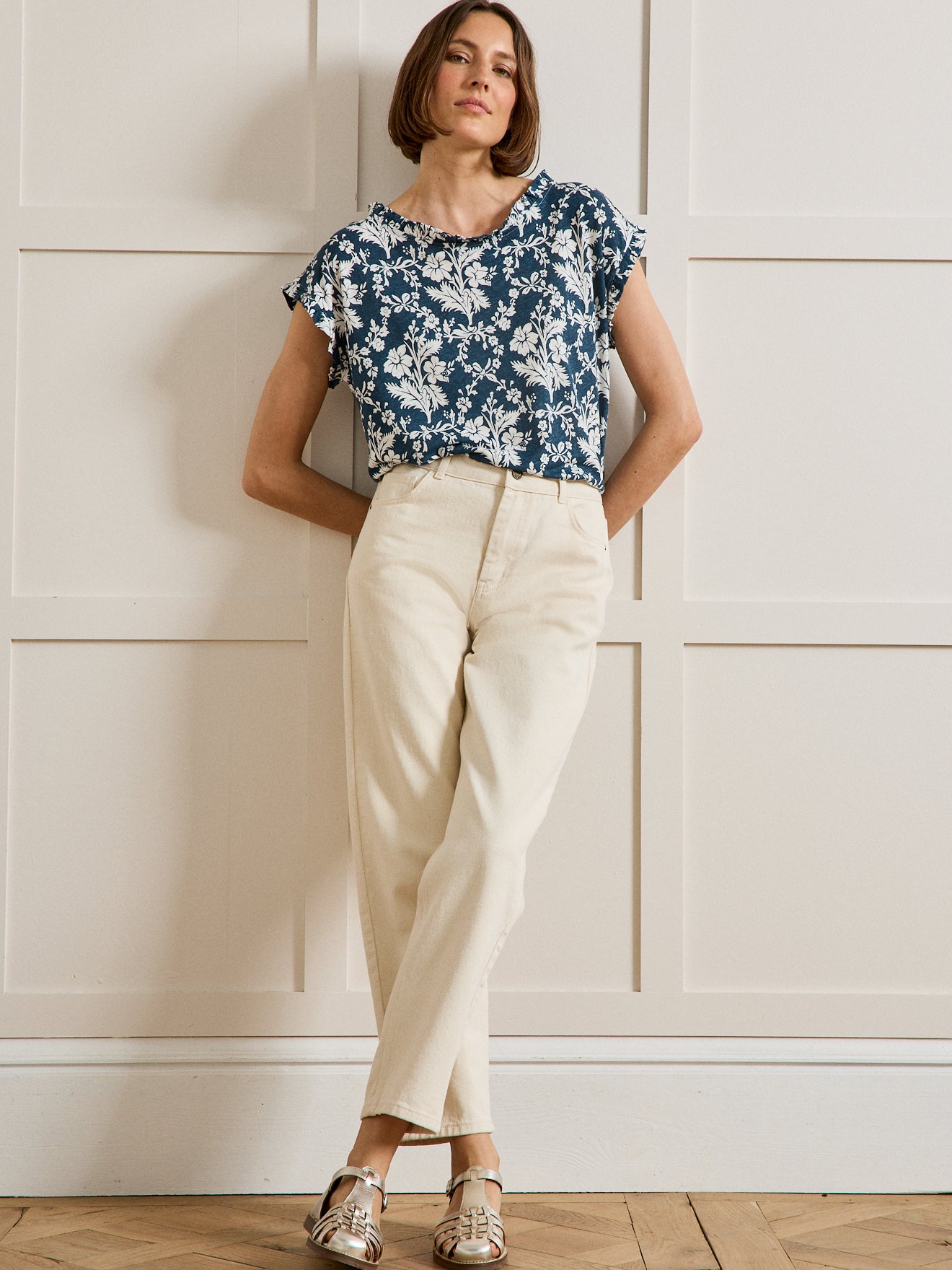 T-shirt imprimé volanté lin et viscose femme