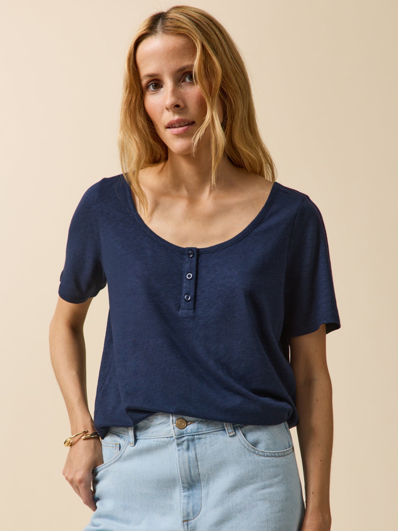 Damesshirt met Tunesische hals - linnen en viscose