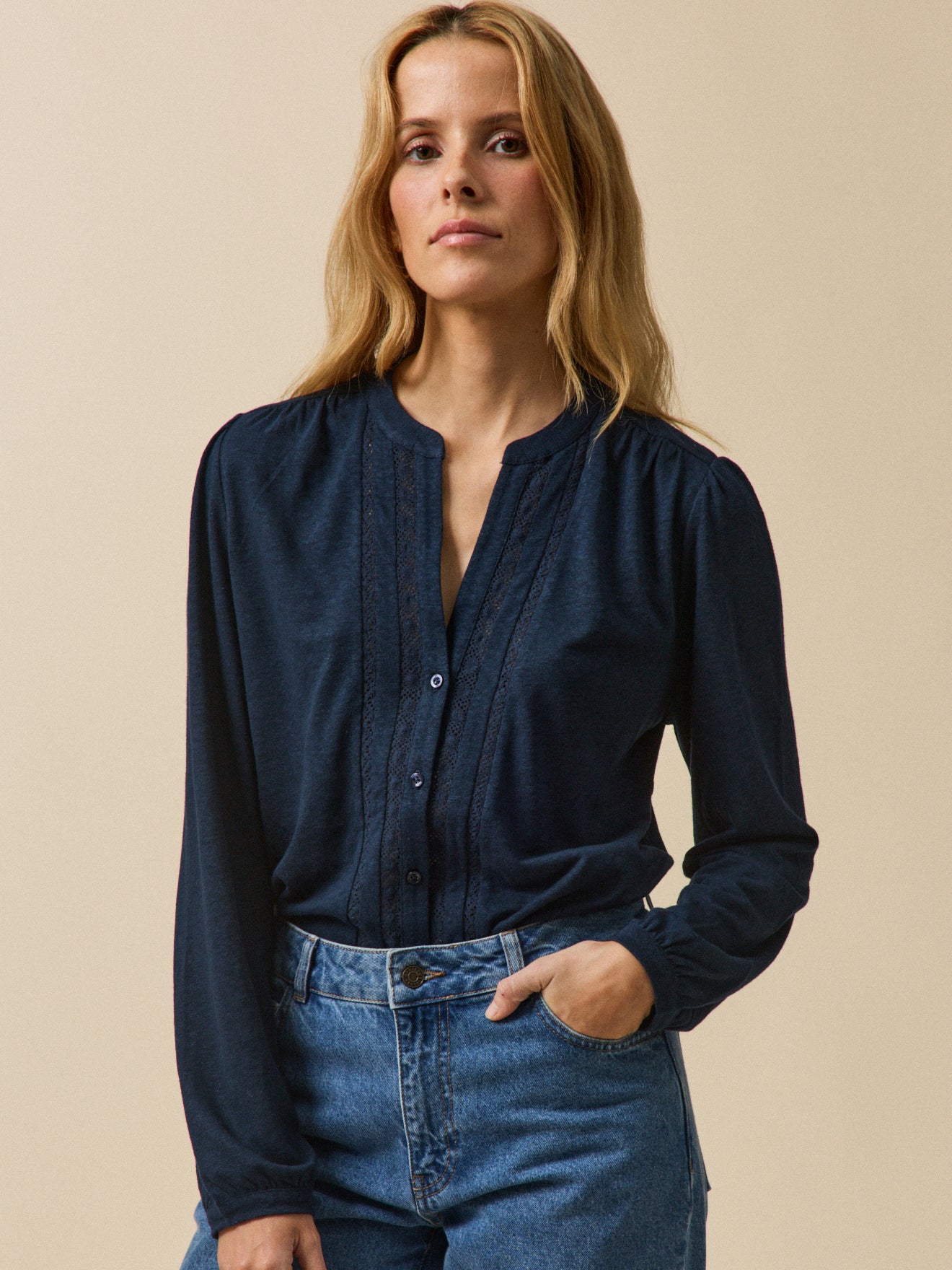 Damesshirt met kant - linnen en viscose