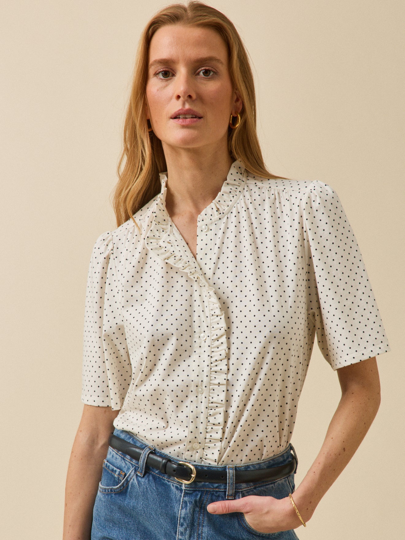 Damesshirt met stippenprint - biokatoen