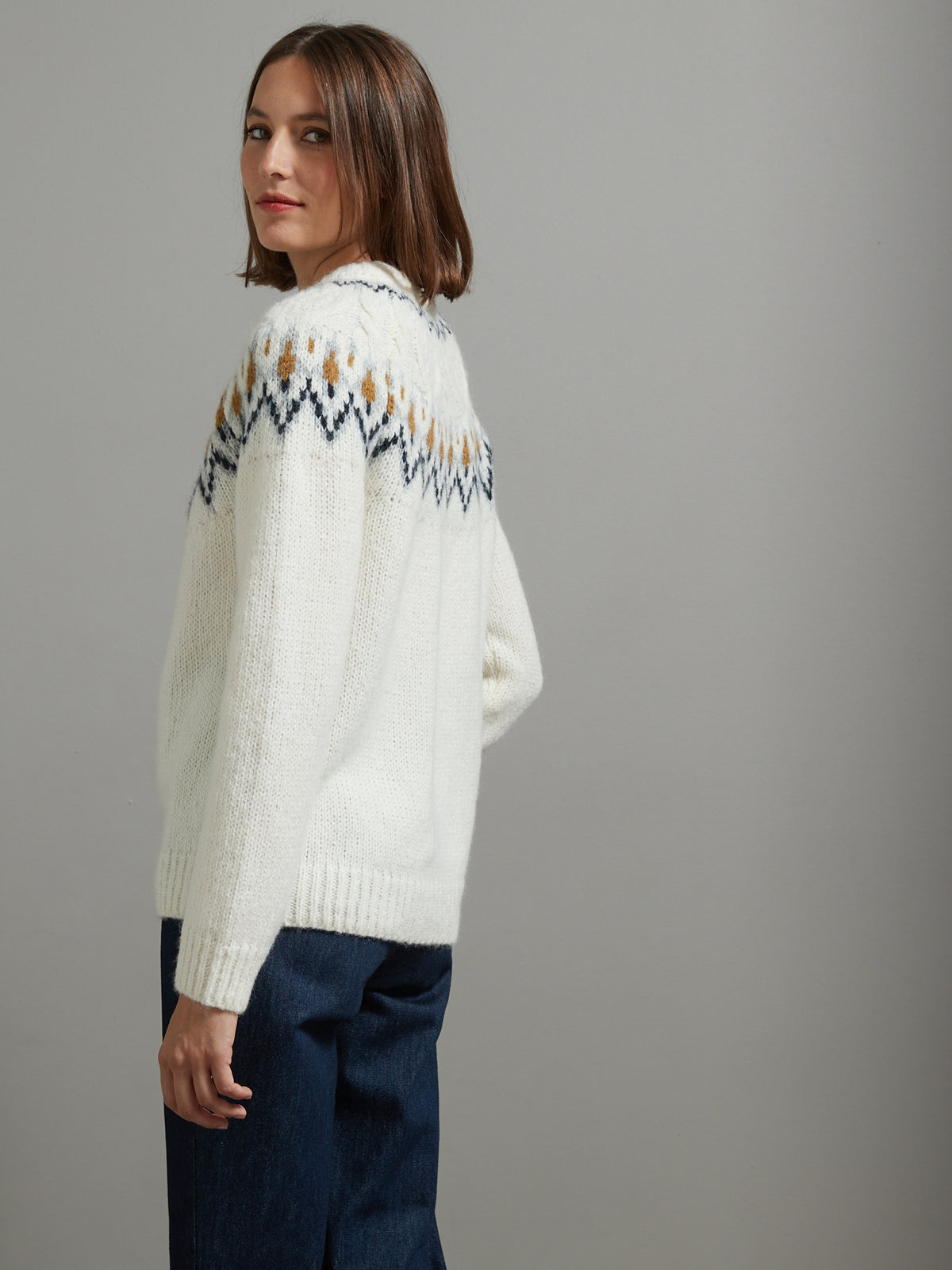 Damesjacquardtrui met kabelmotief - wol en mohair