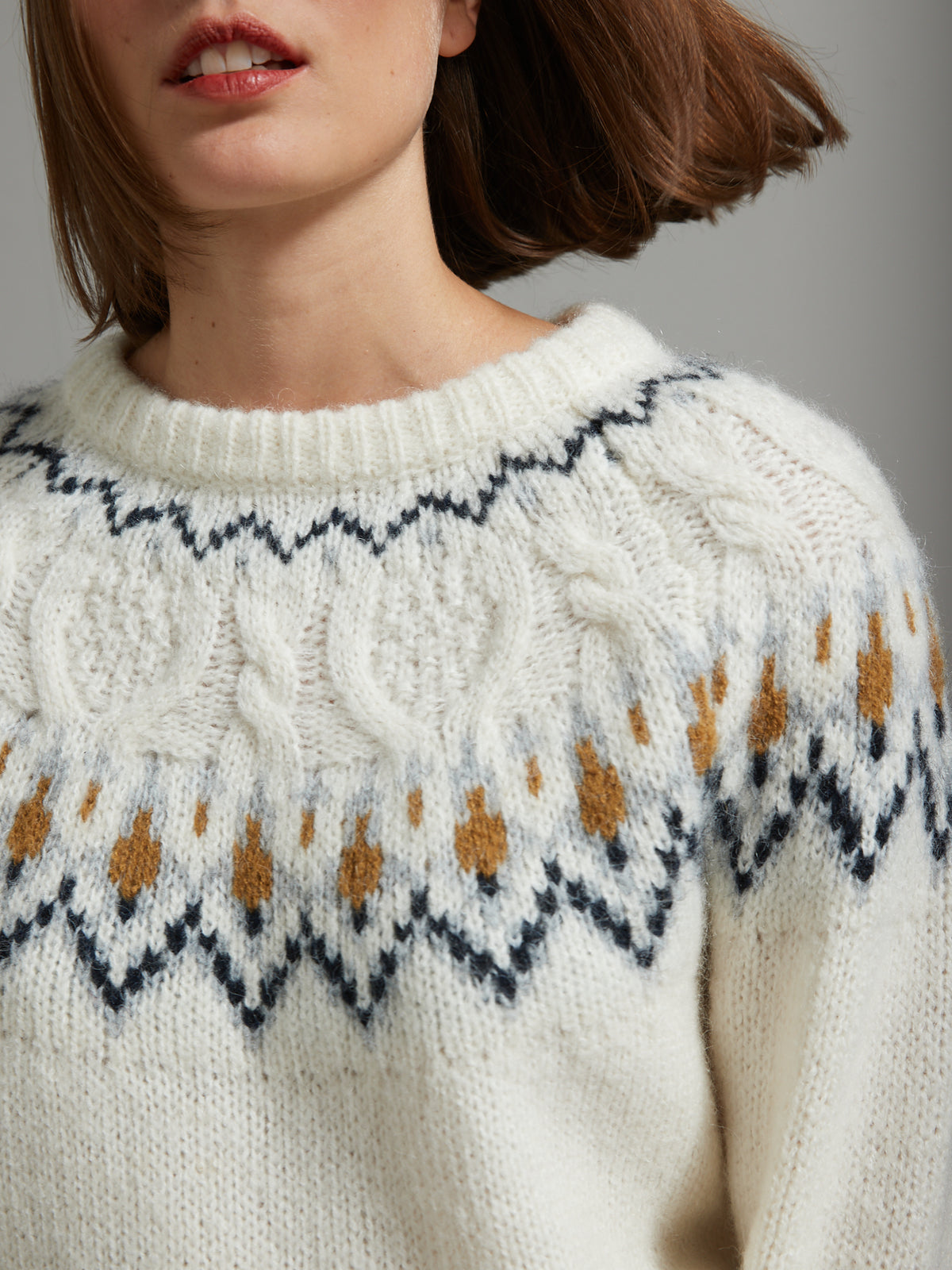 Damesjacquardtrui met kabelmotief - wol en mohair