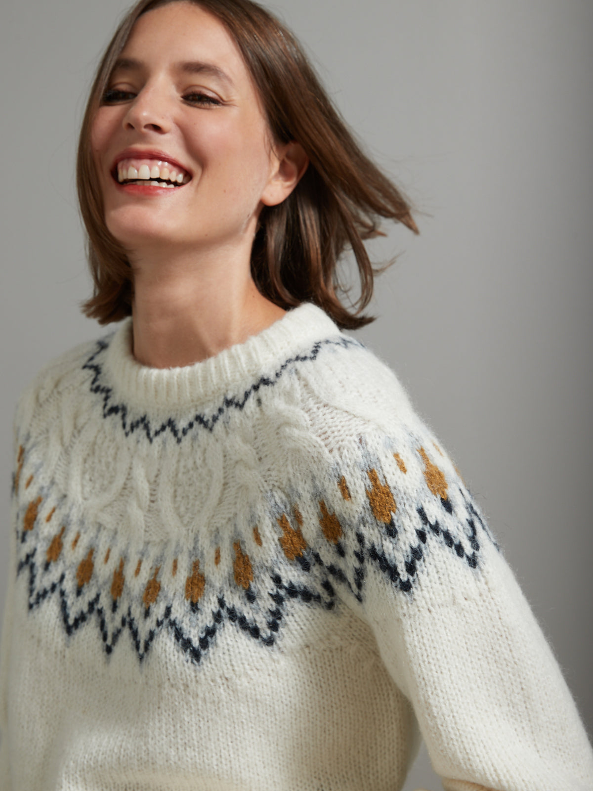 Damesjacquardtrui met kabelmotief - wol en mohair