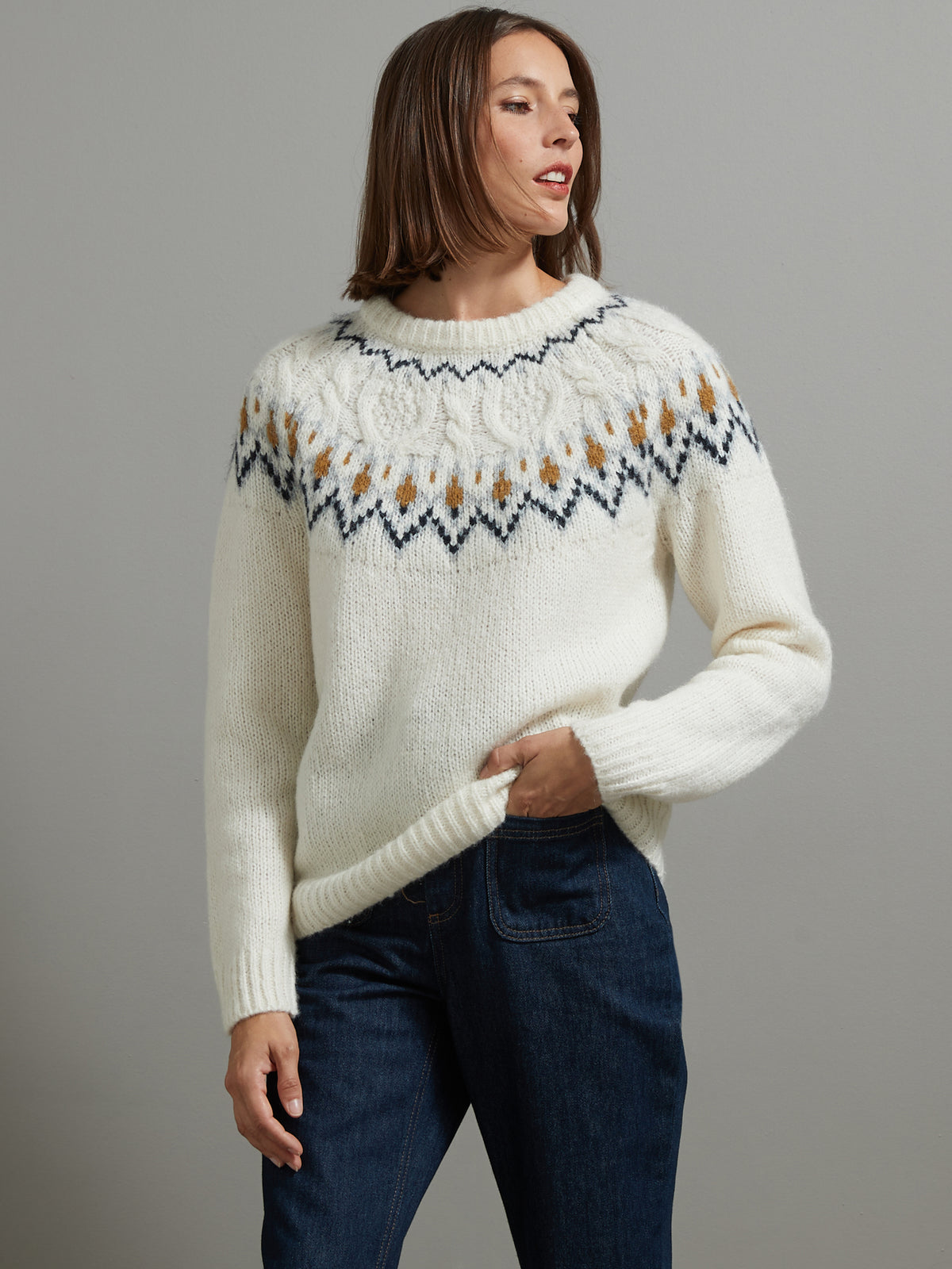 Damesjacquardtrui met kabelmotief - wol en mohair