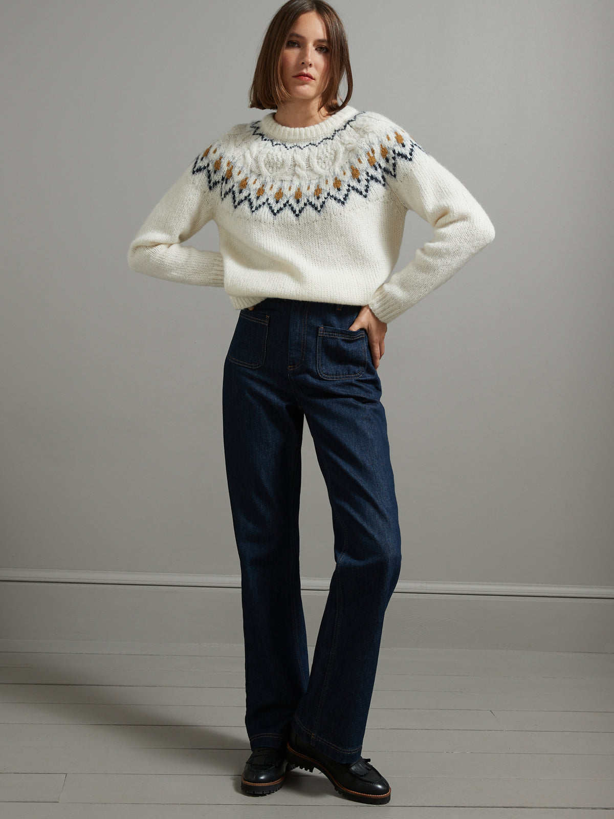 Damesjacquardtrui met kabelmotief - wol en mohair