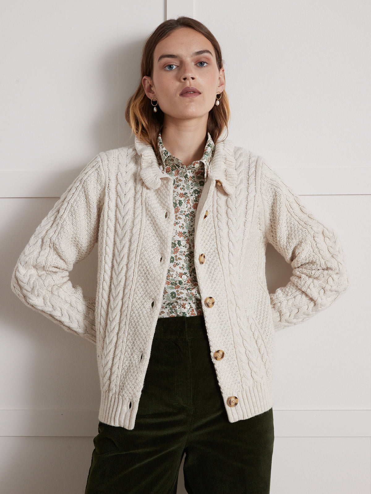 Gilet torsadé col froufrou femme - Laine RWS*