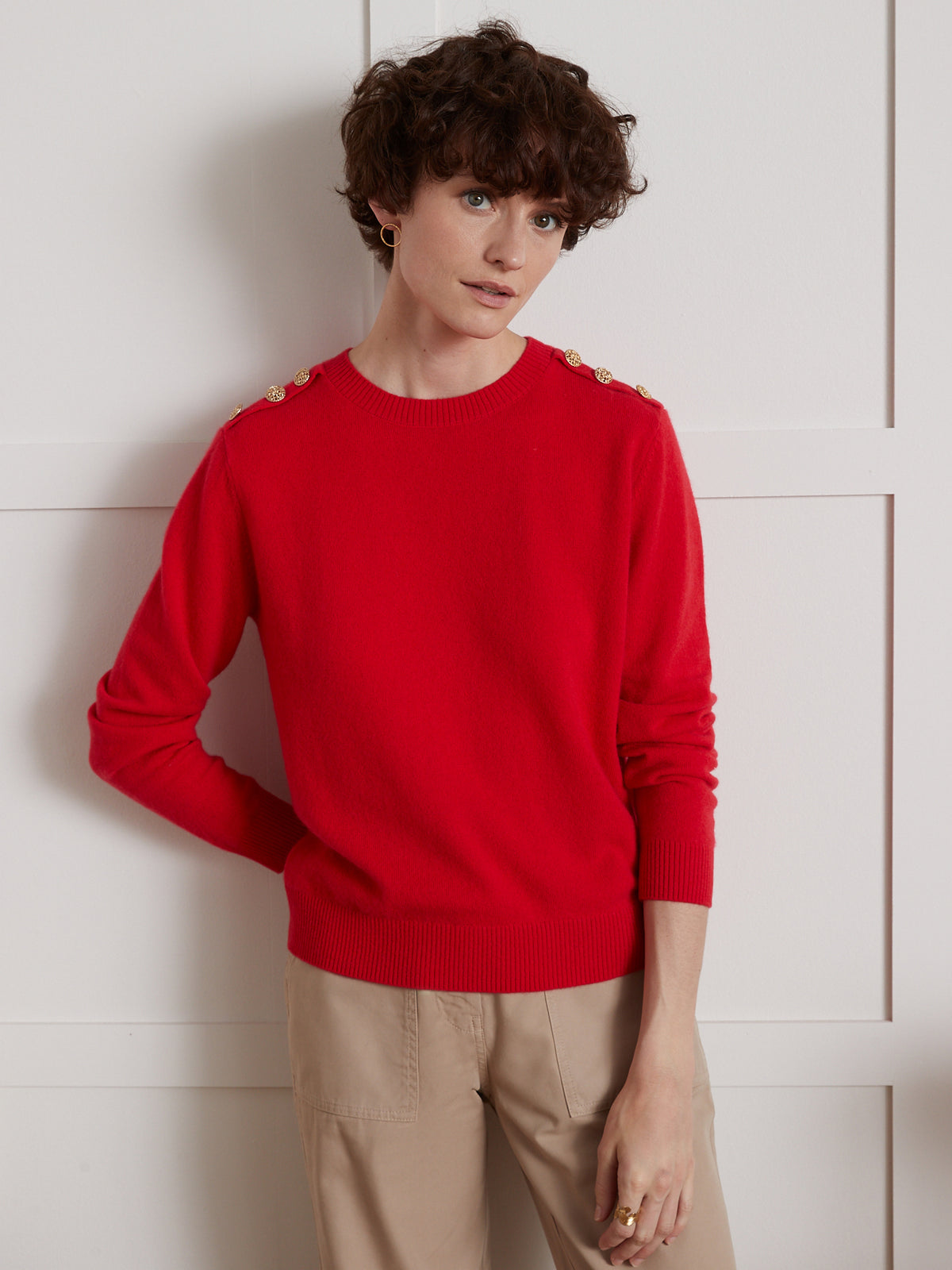 Pull col rond boutons dorés femme - Collection Cachemire
