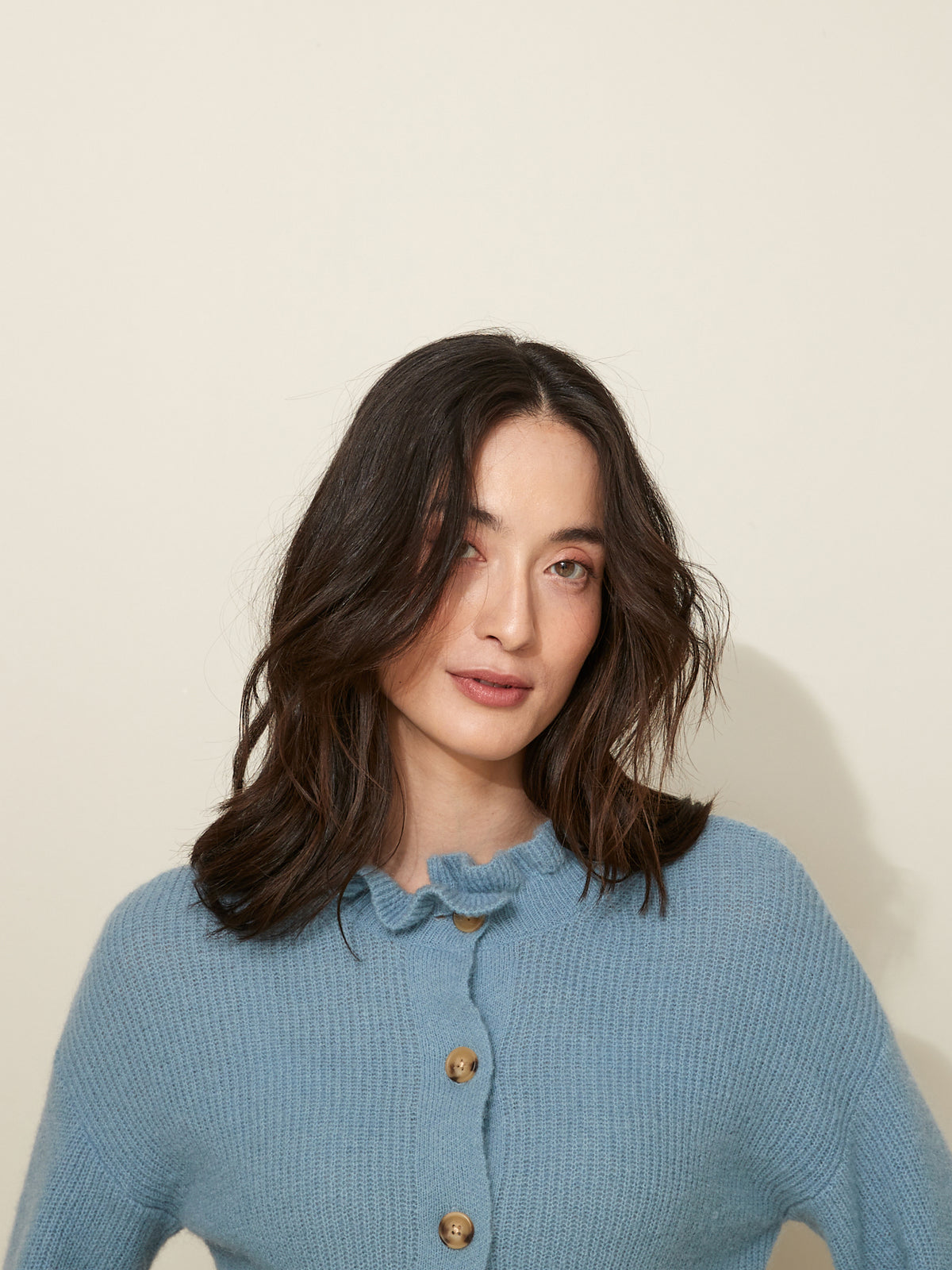 Cardigan col volanté femme avec laine et mohair