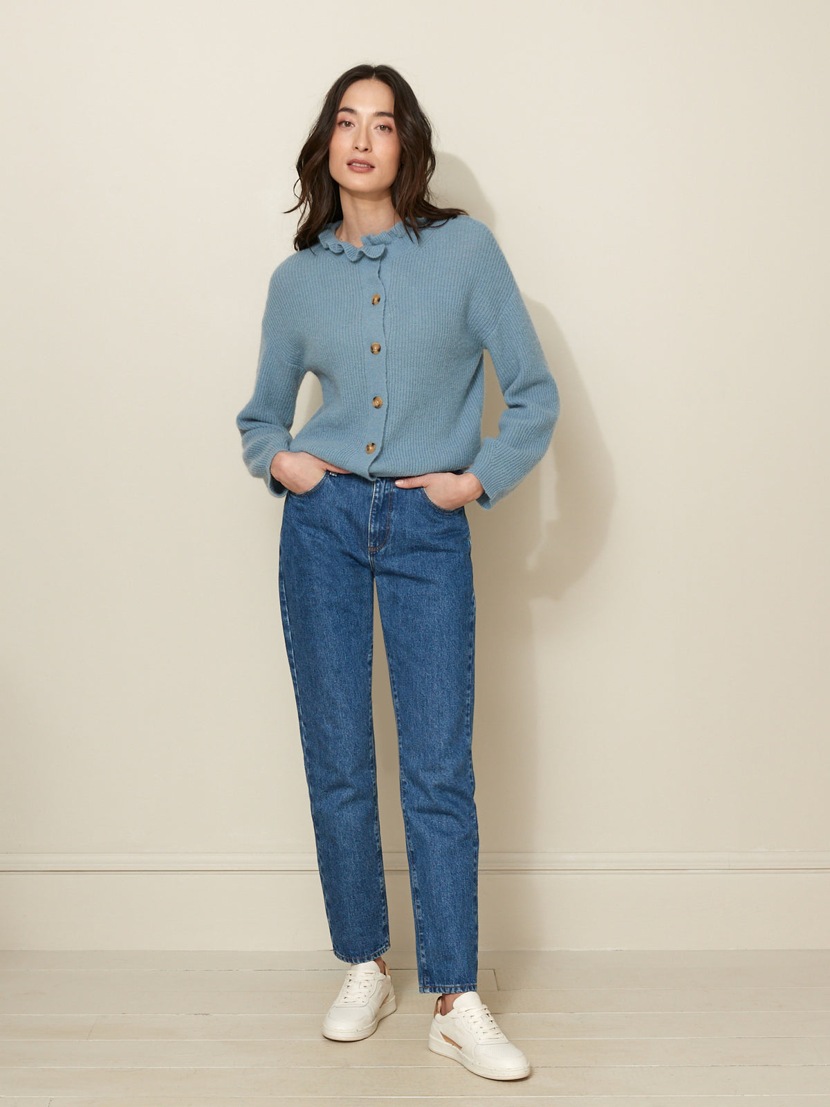 Cardigan col volanté femme avec laine et mohair