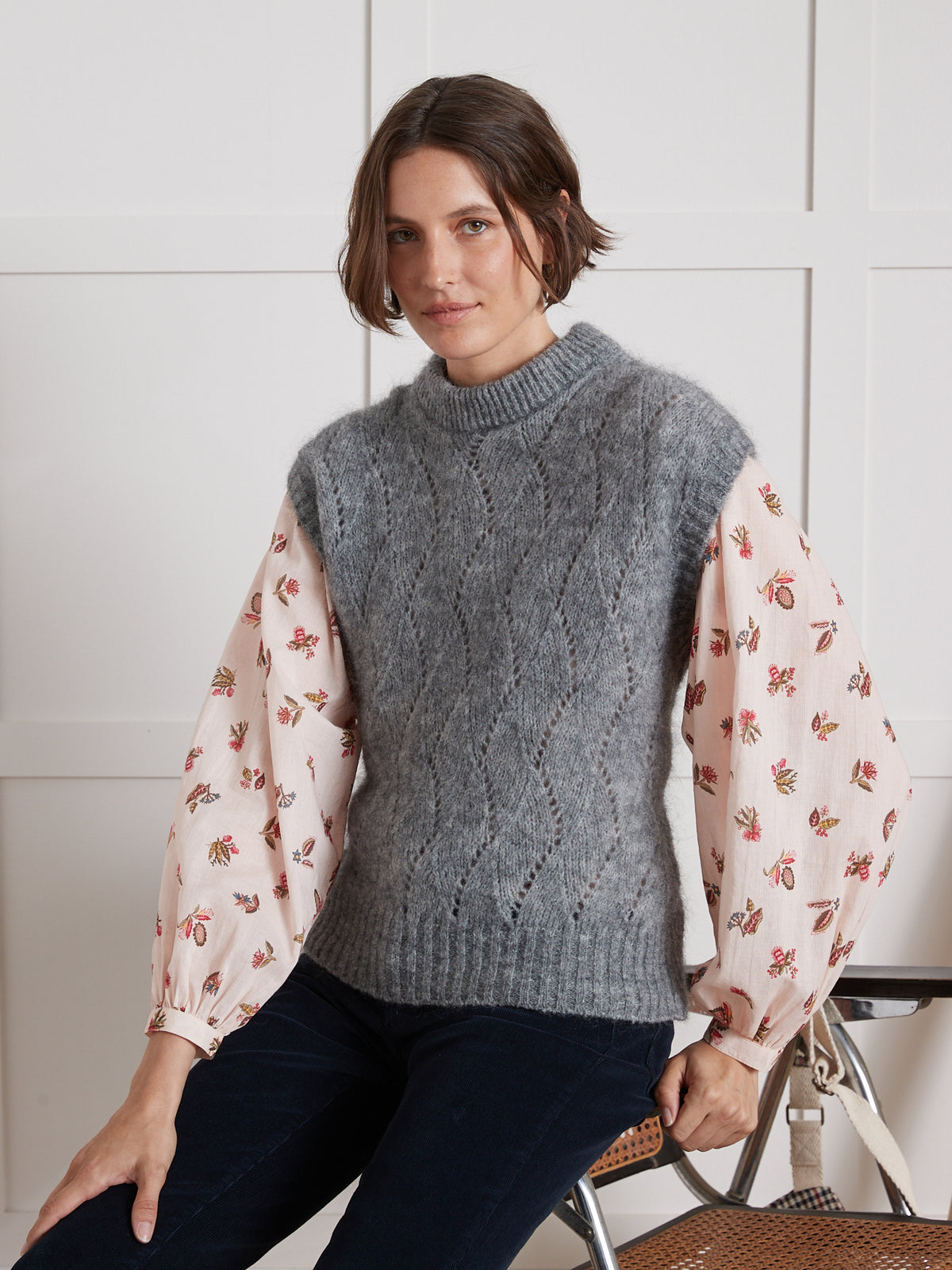 Pull sans manches maille ajourée femme