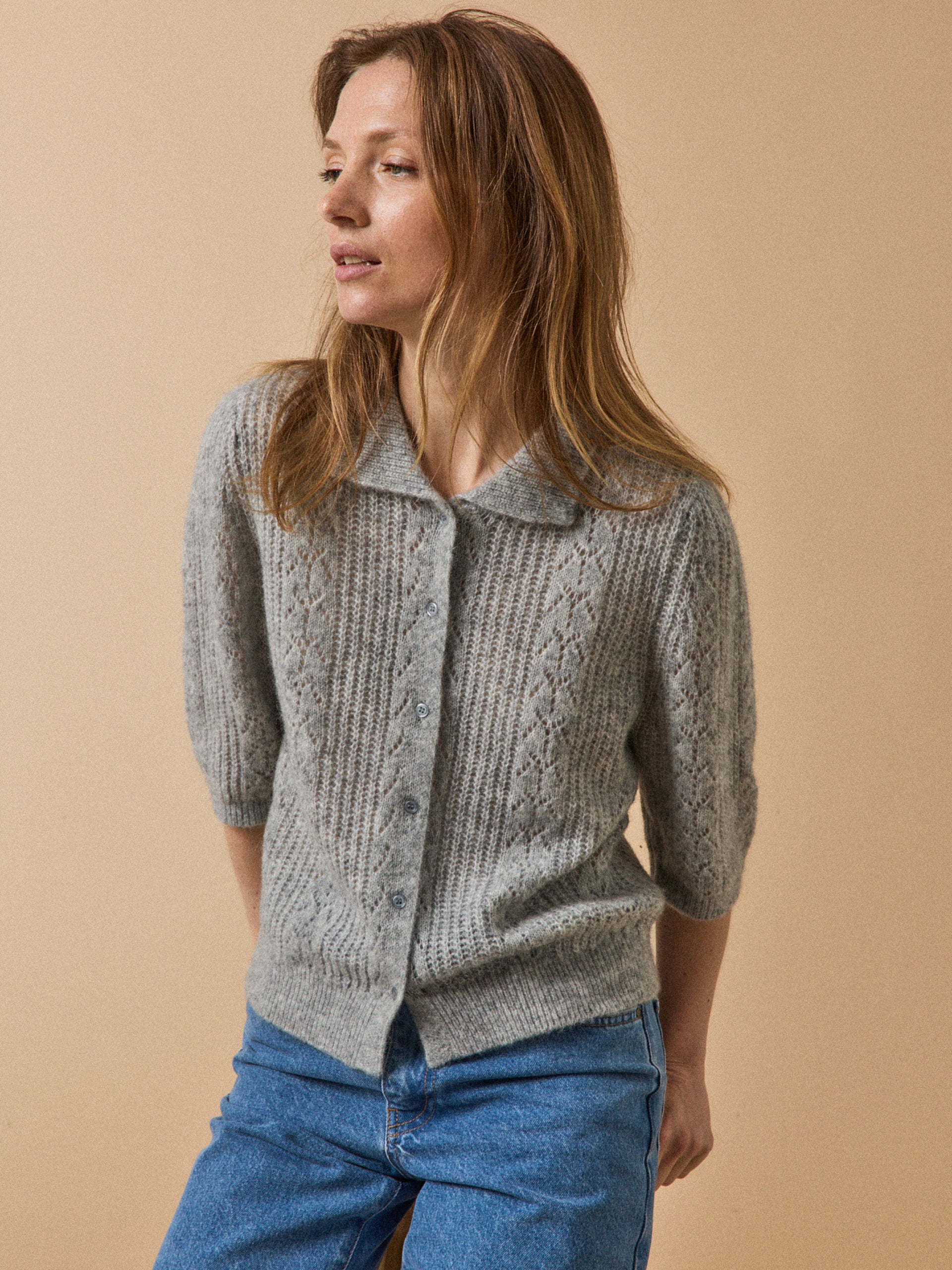 Damesvest met polokraag - wol en mohair