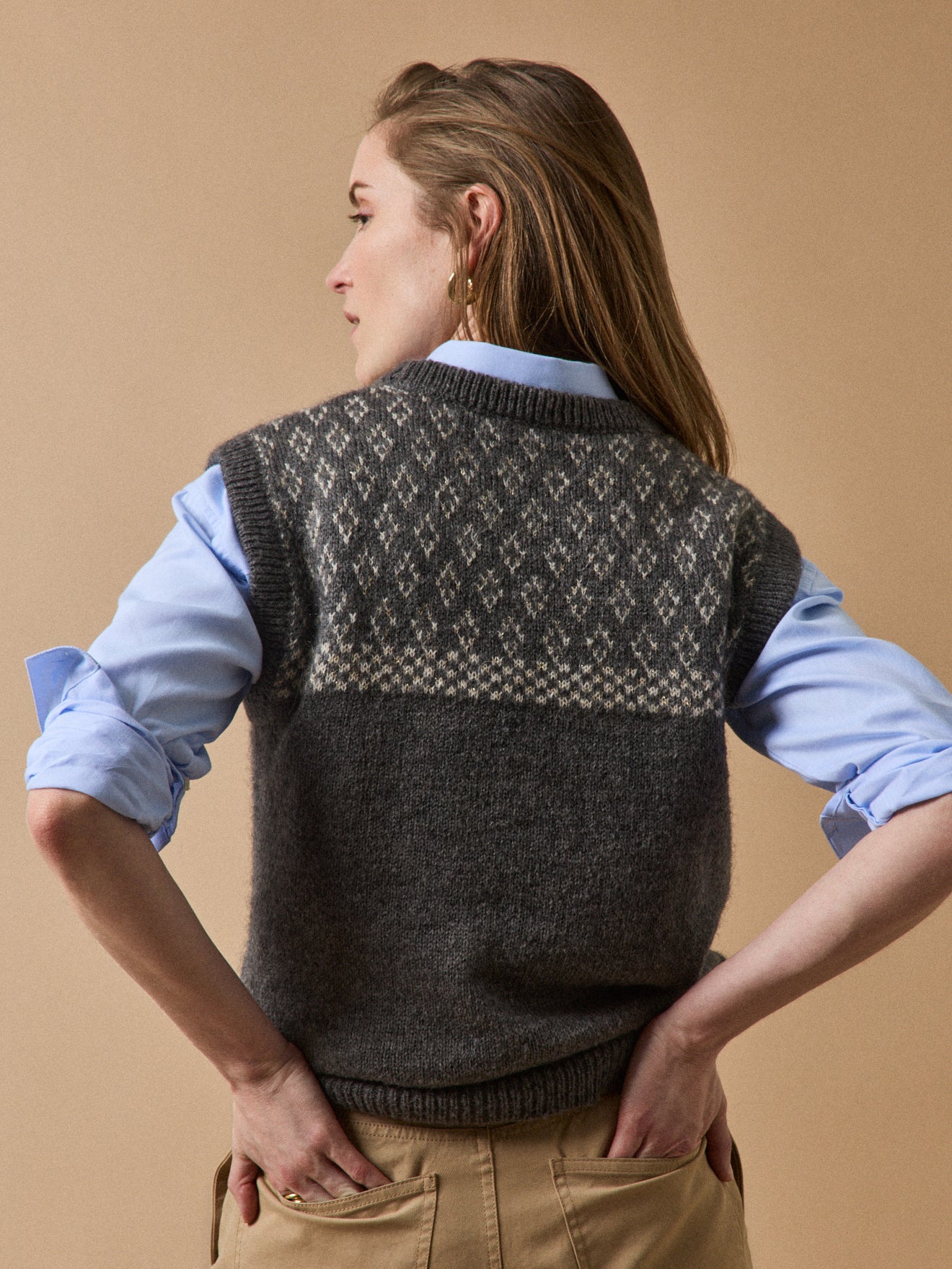 Mouwloze damesjacquardtrui in een mix met mohair