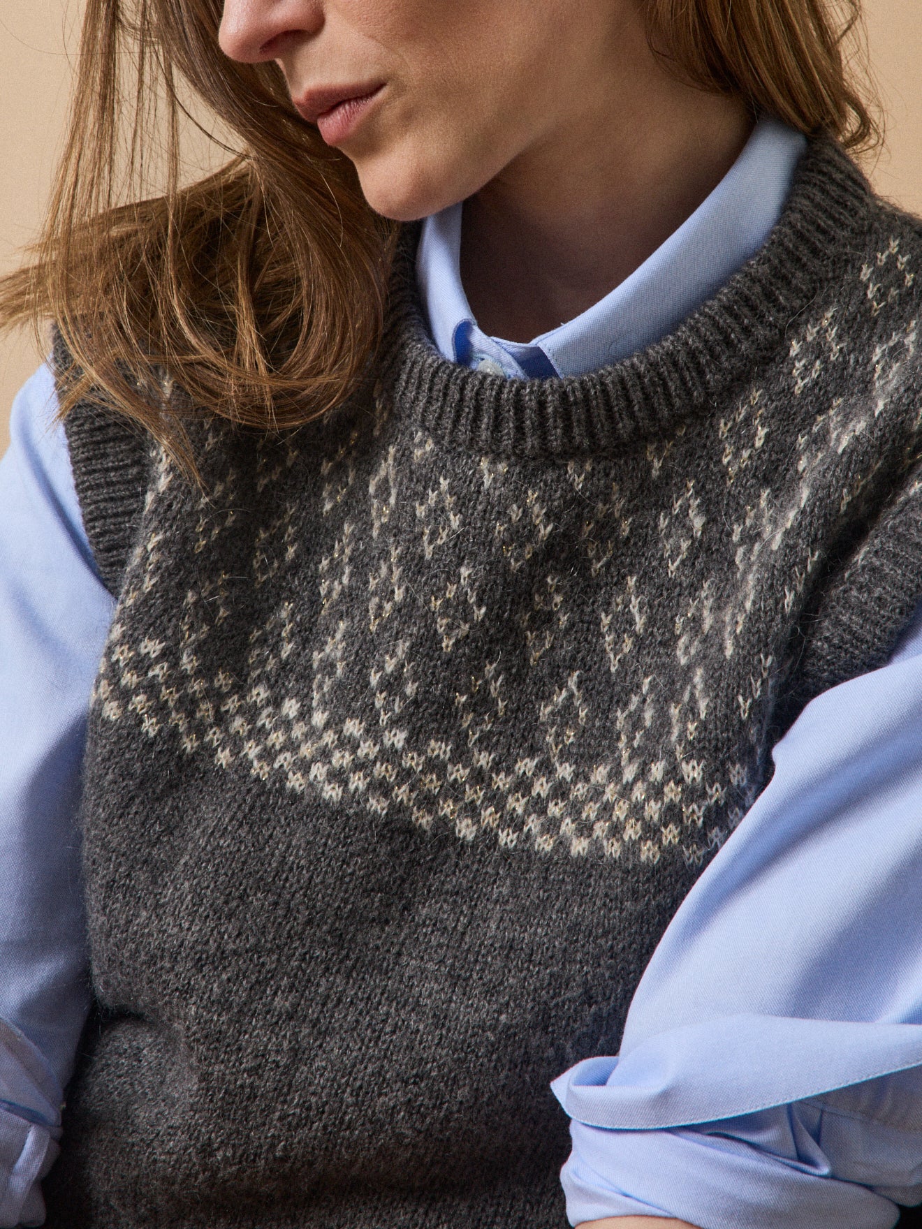 Mouwloze damesjacquardtrui in een mix met mohair