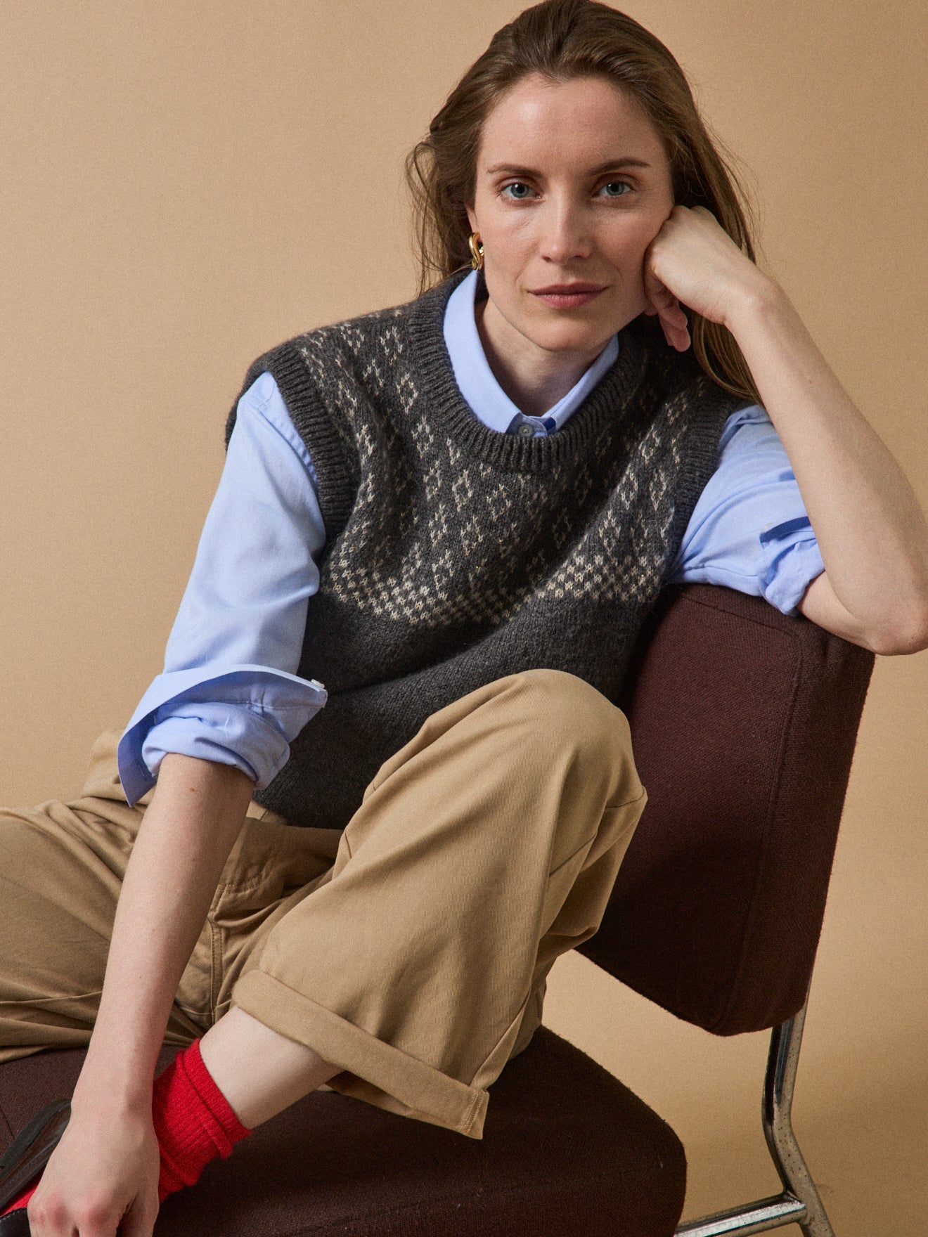 Mouwloze damesjacquardtrui in een mix met mohair