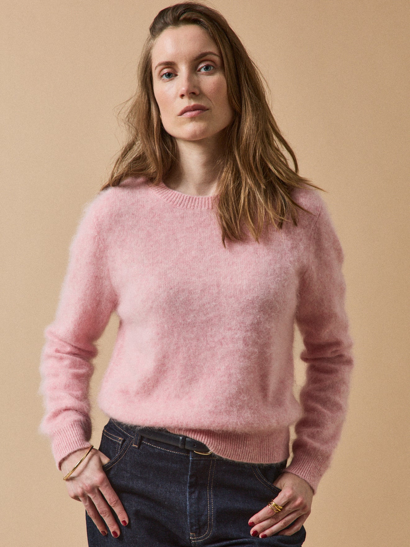 Pull col rond laine brossée femme