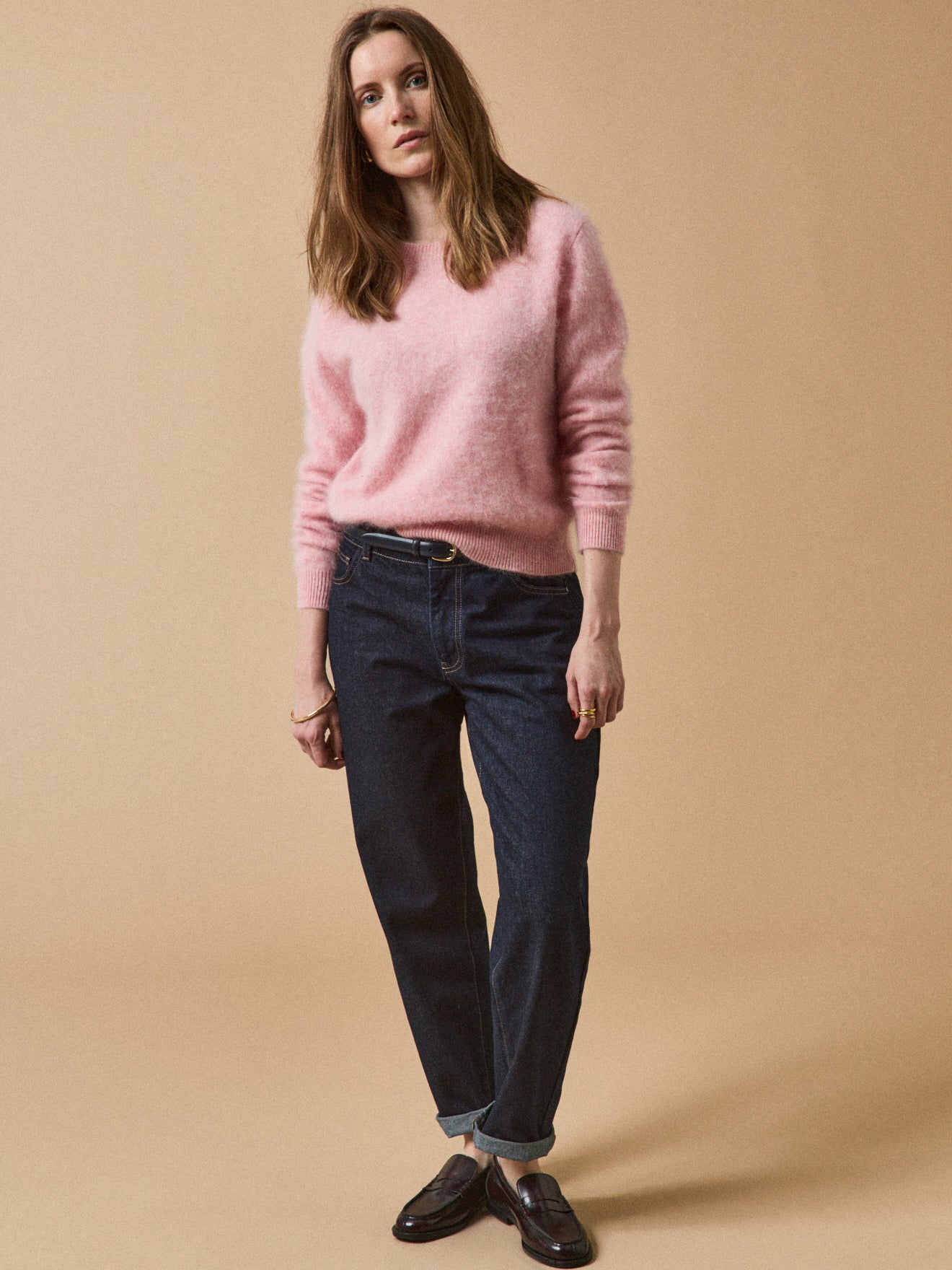 Pull col rond laine brossée femme