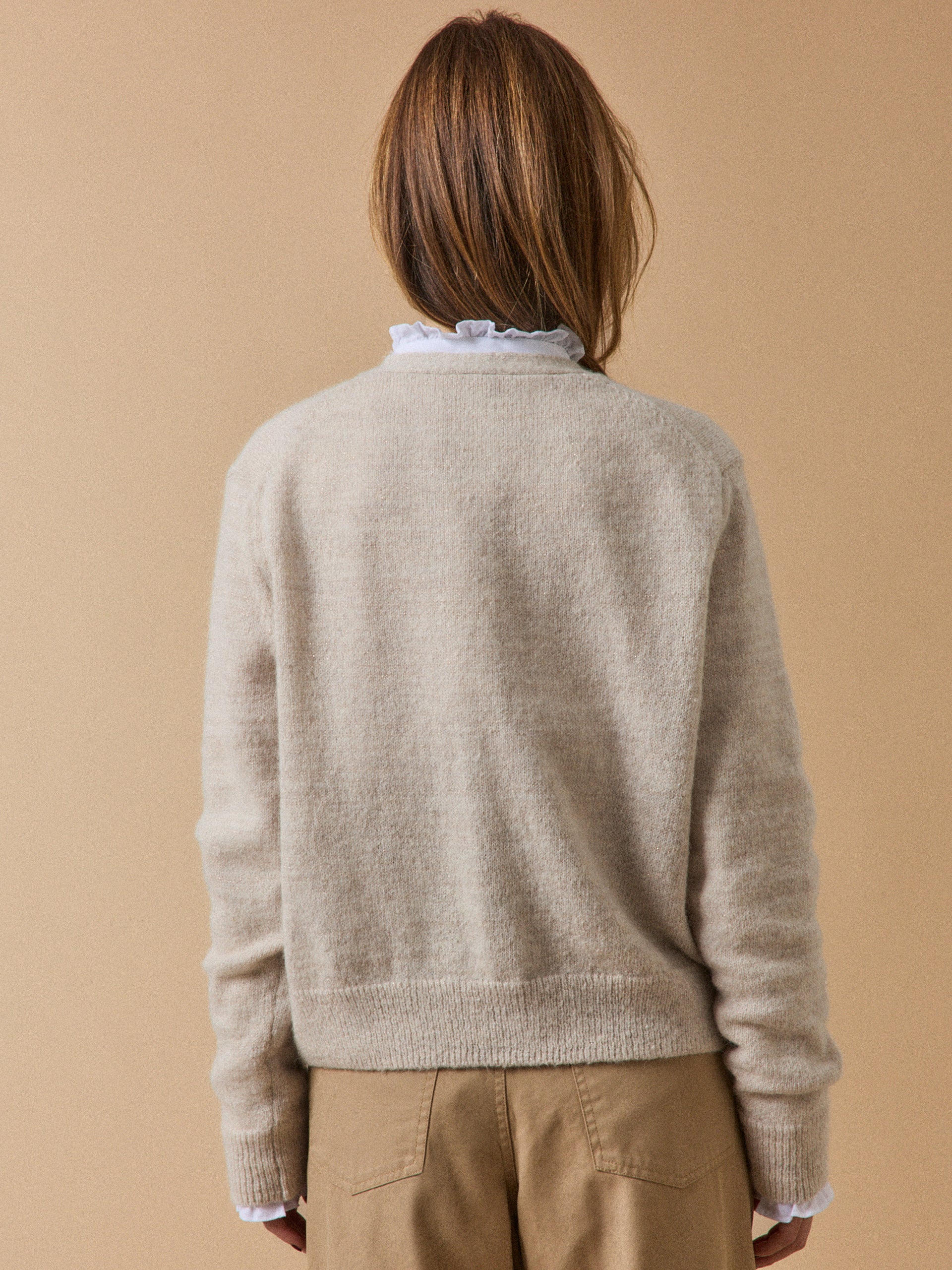 Damescardigan in glanzend tricot met alpaca en wol