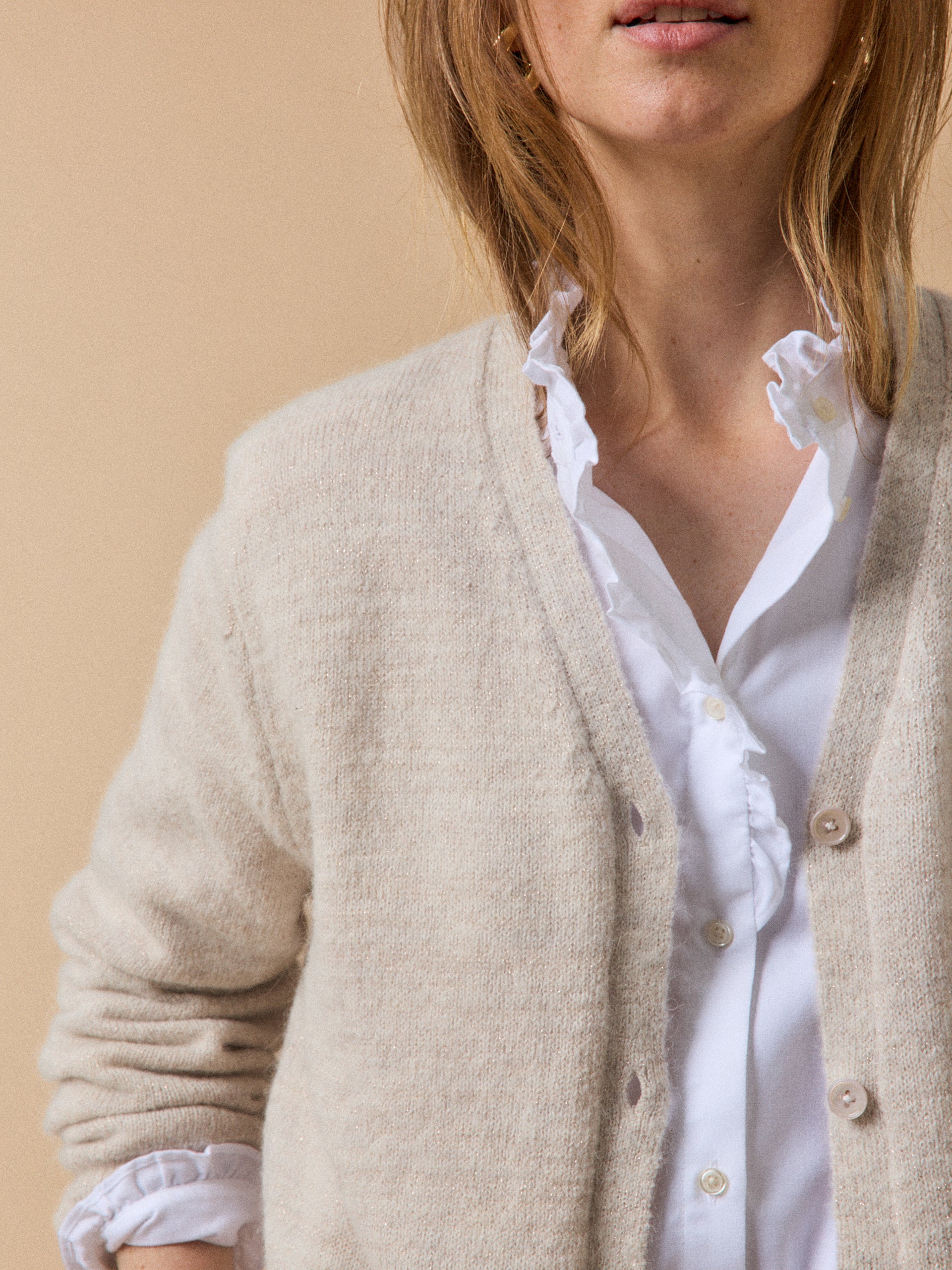 Damescardigan in glanzend tricot met alpaca en wol