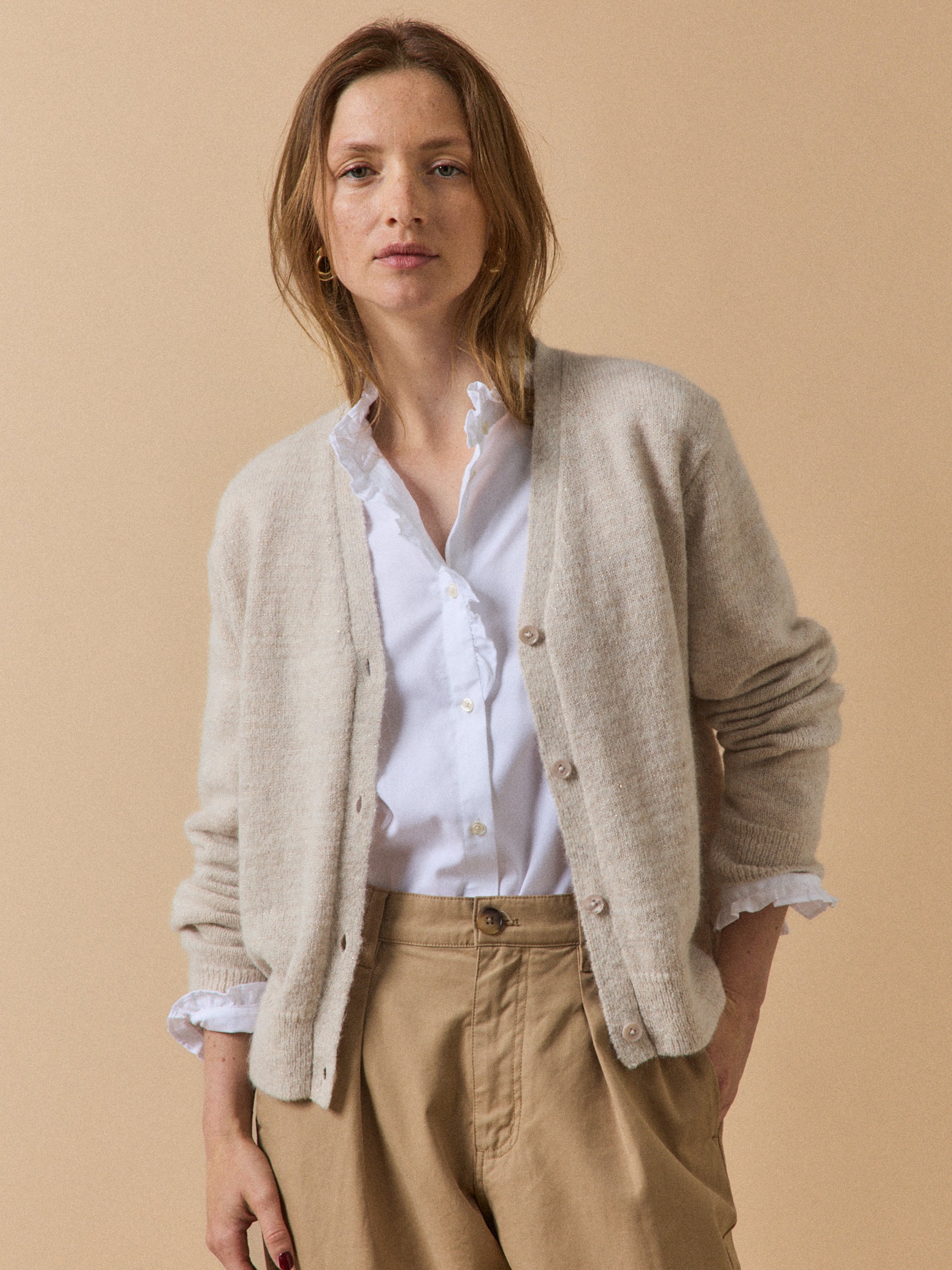 Damescardigan in glanzend tricot met alpaca en wol