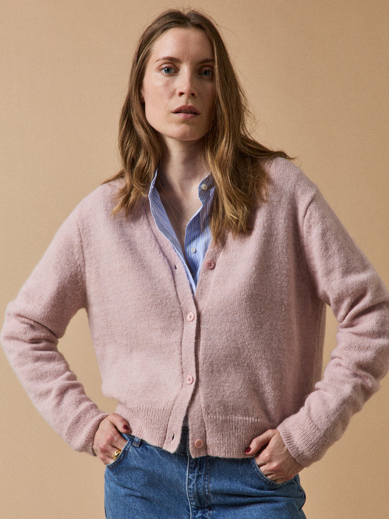 Damescardigan in glanzend tricot met alpaca en wol