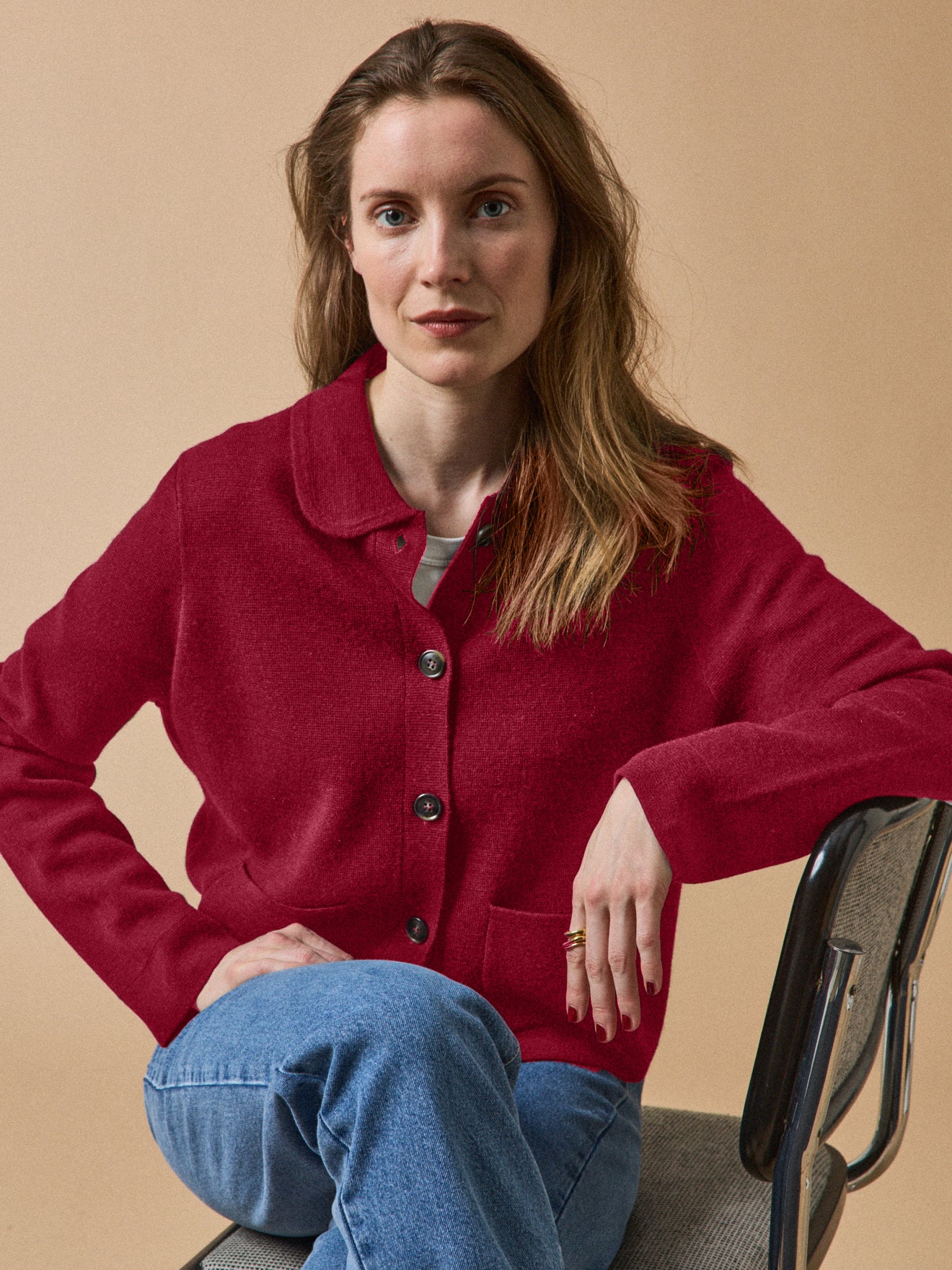 Damescardigan met hemdkraag in milanotricot