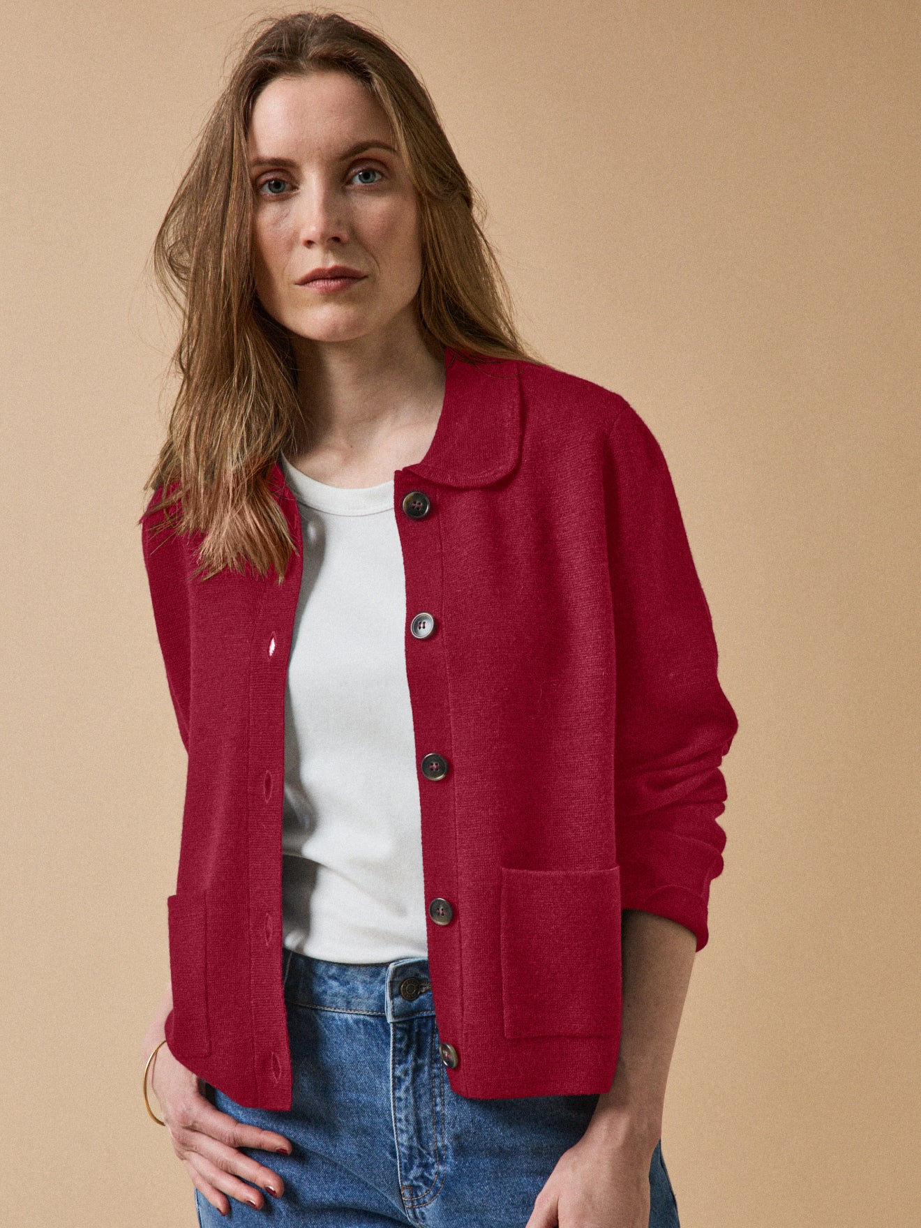 Damescardigan met hemdkraag in milanotricot