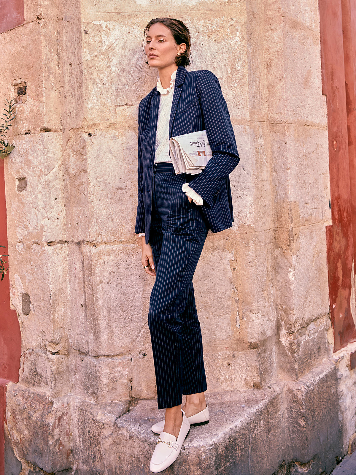 Pantalon droit rayé femme lin et coton Joy