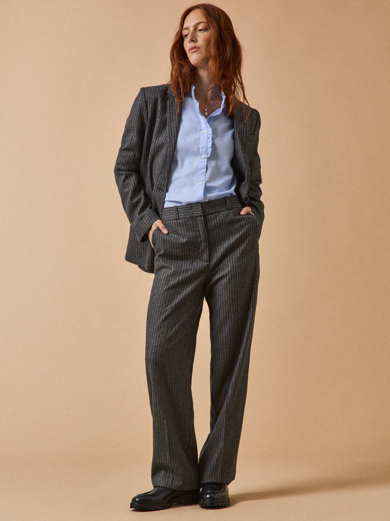 Pantalon droit tailleur lainage rayé femme Alma