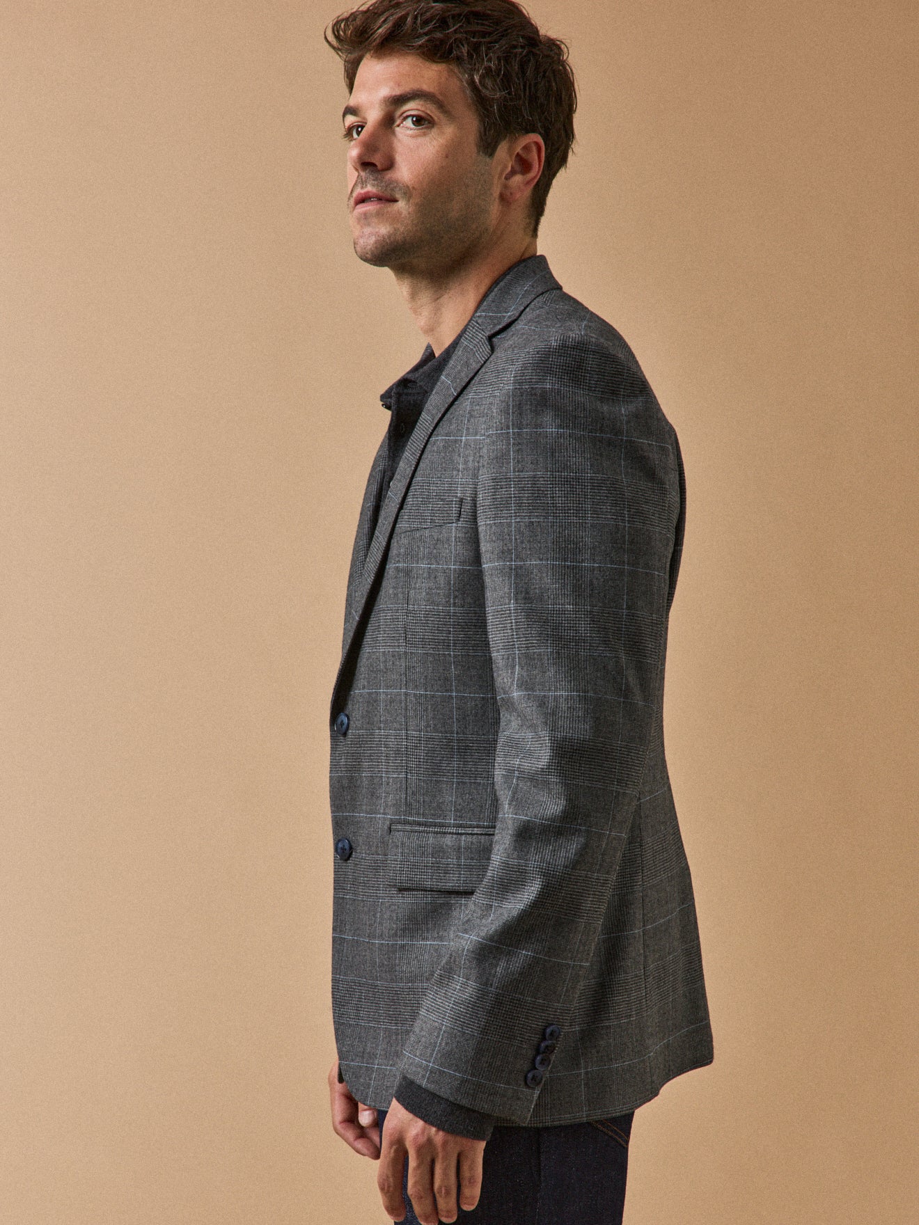 Geruite herenblazer in koele wol