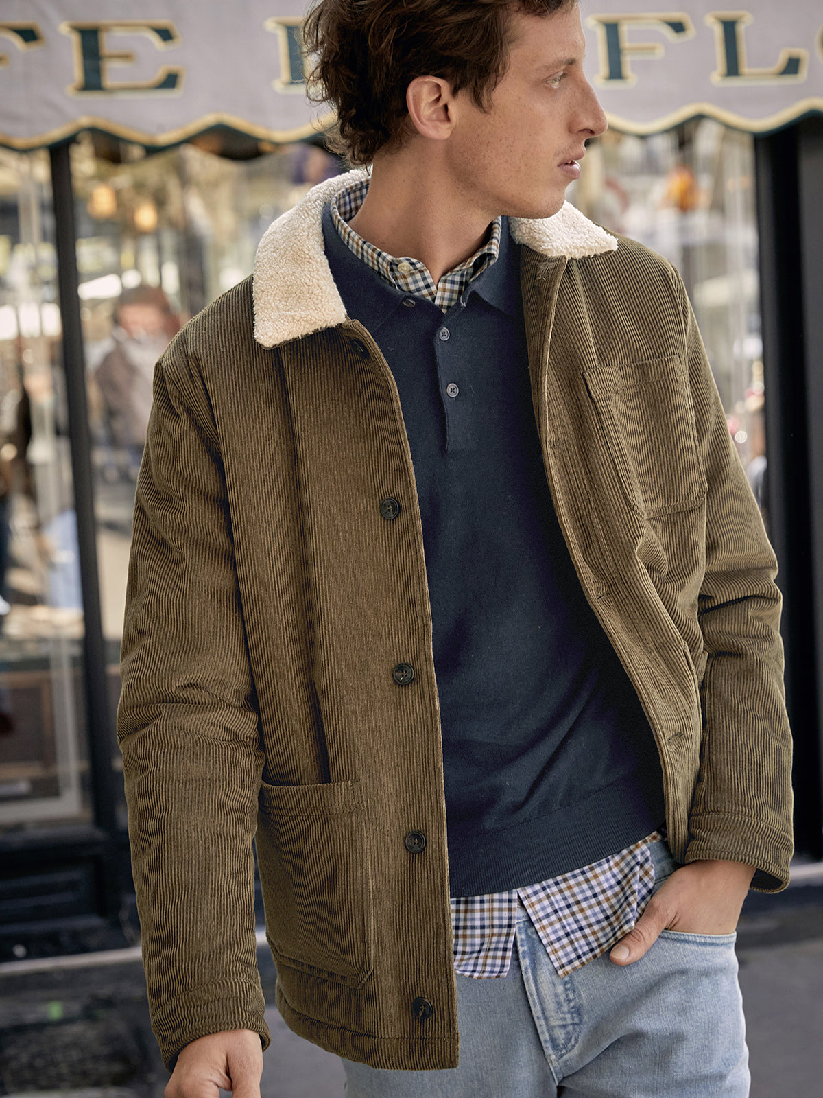 Worker style herenjas met sherpa kraag