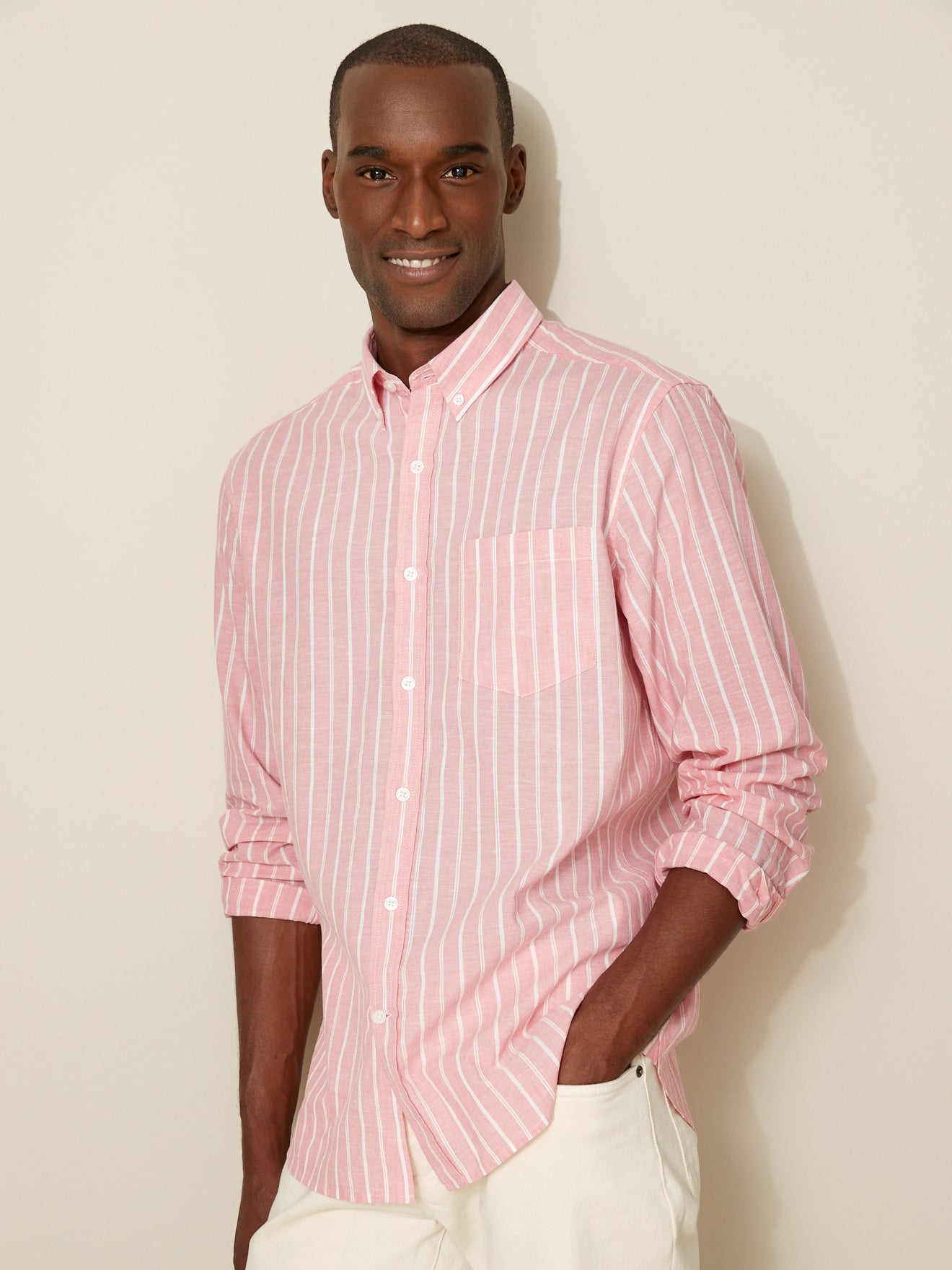 Chemise Regular Fit rayée coton et lin homme