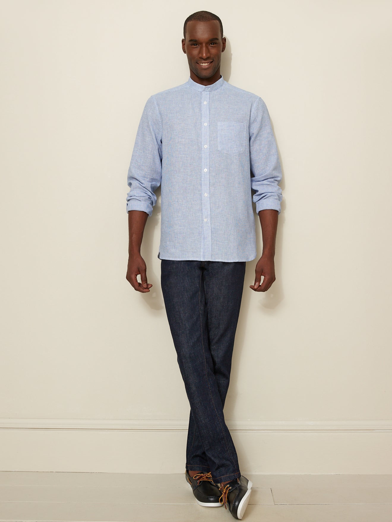 Slim fit herenhemd met maokraag - linnen en katoen