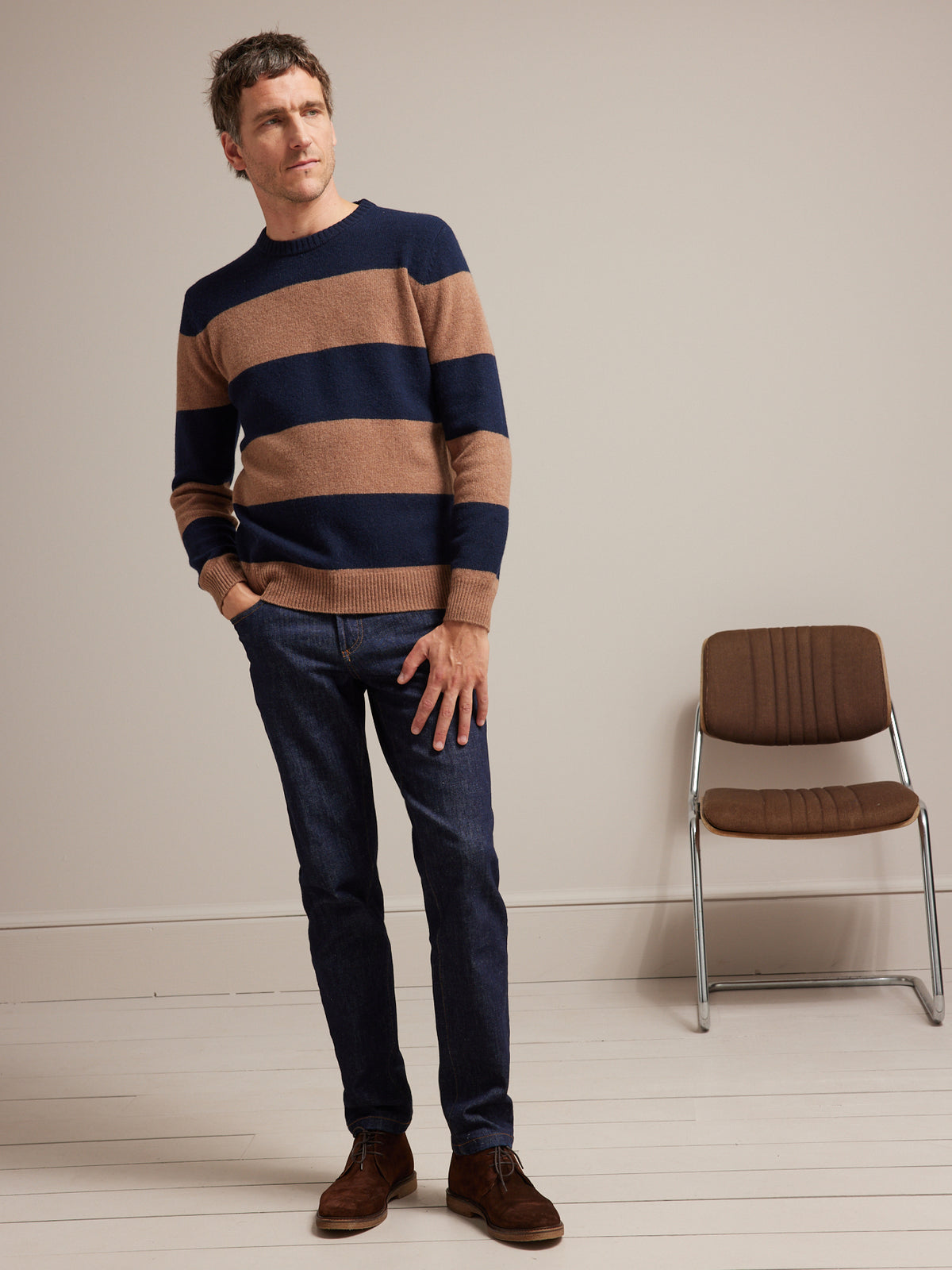Pull col rond rayé laine mérinos homme
