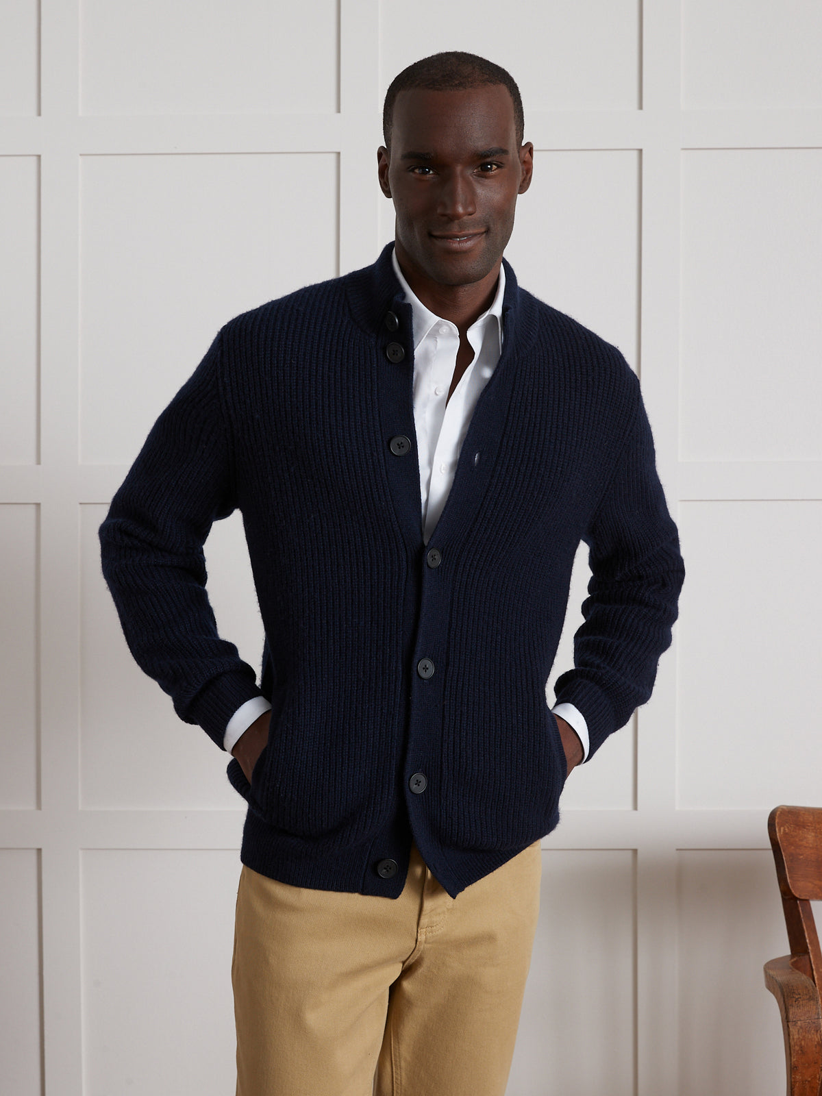Cardigan col montant maille côtelée homme