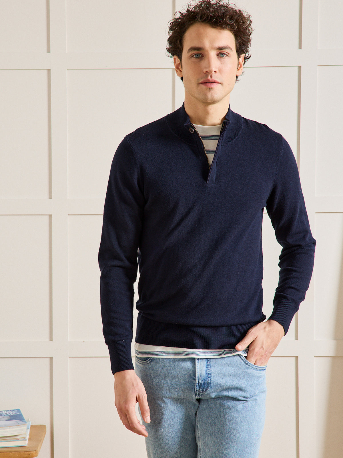 Pull col montant homme coton, soie et cachemire