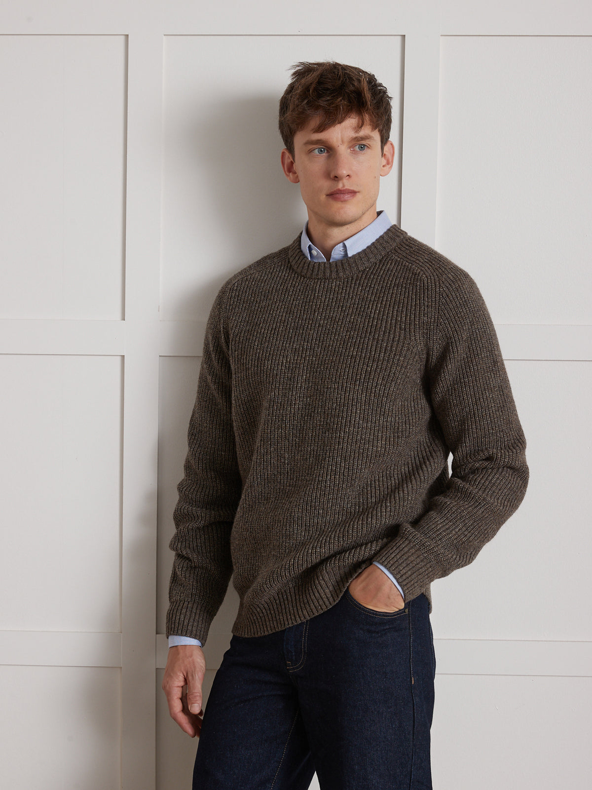 Herentrui met ronde hals in pareltricot