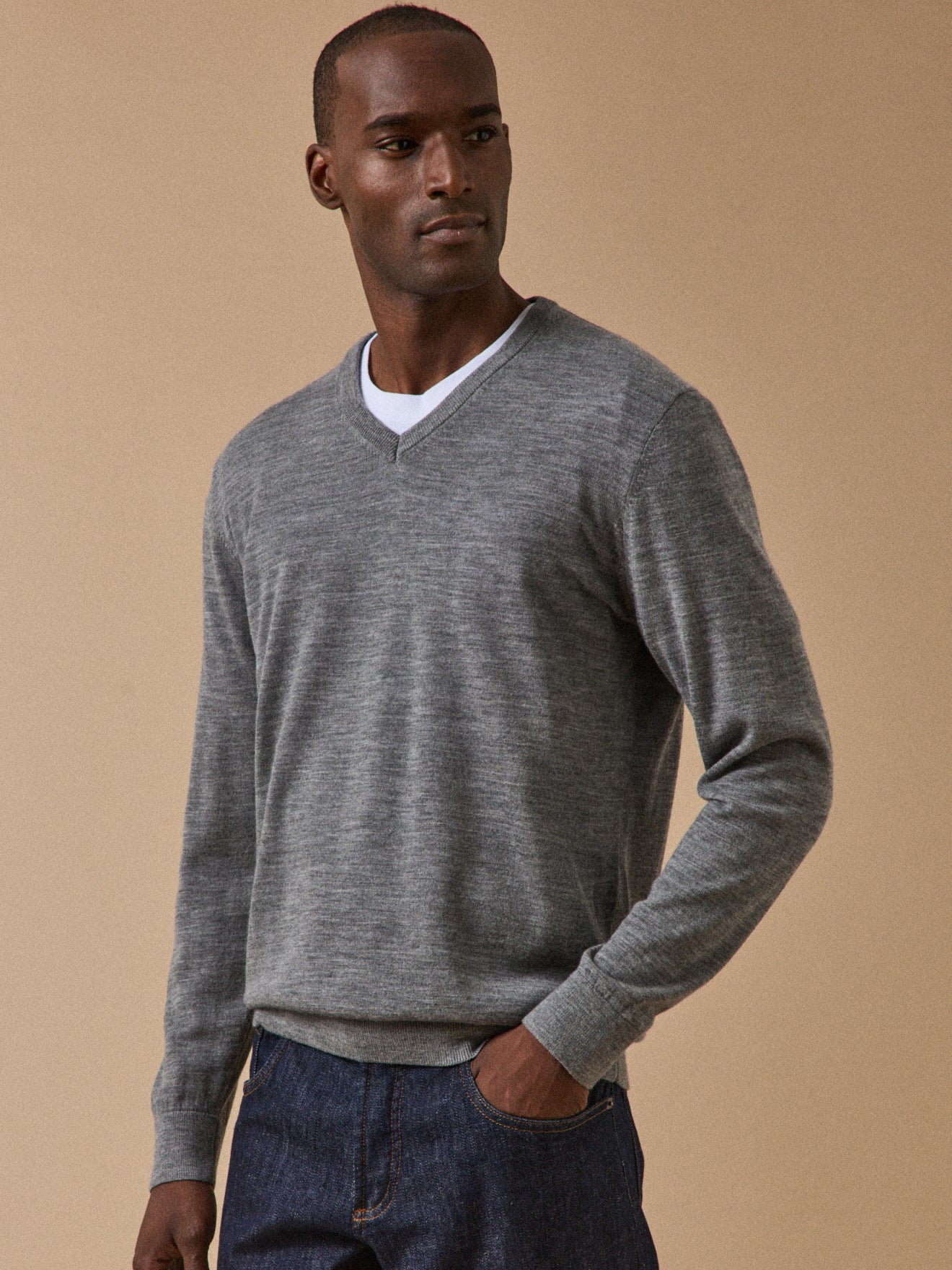 Pull fin col V laine mérinos homme