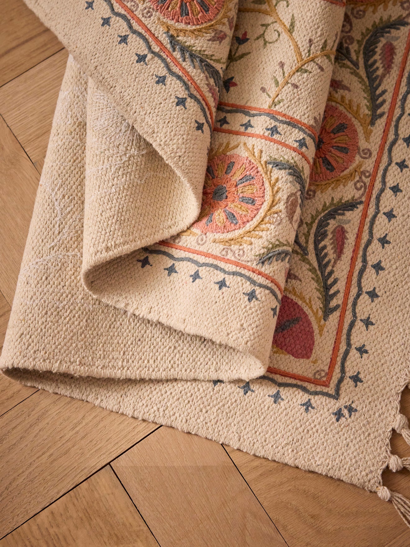 Katoenen tapijt met borduursel "Flore" - XL