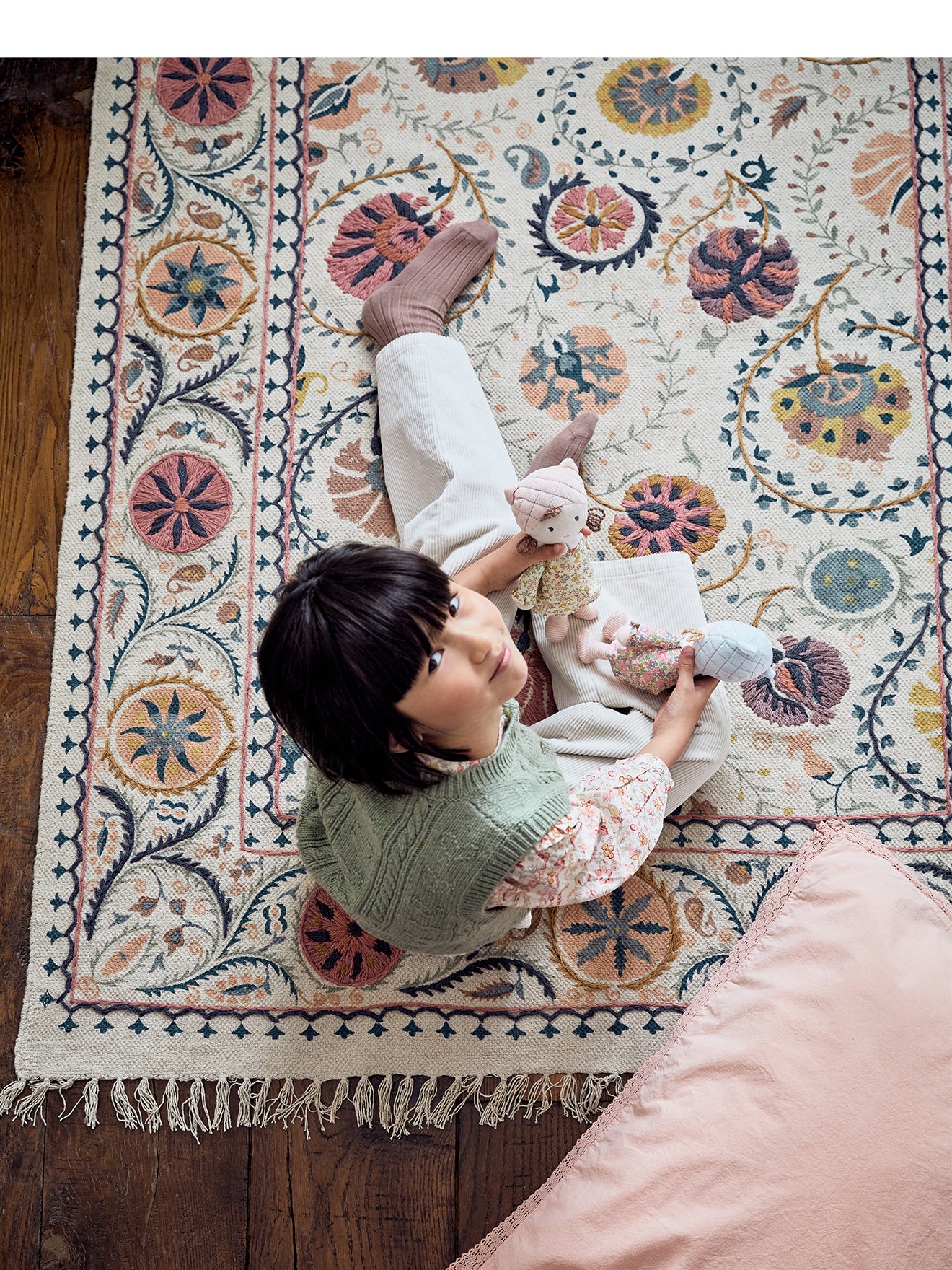 Katoenen tapijt met borduursel "Flore" - XS