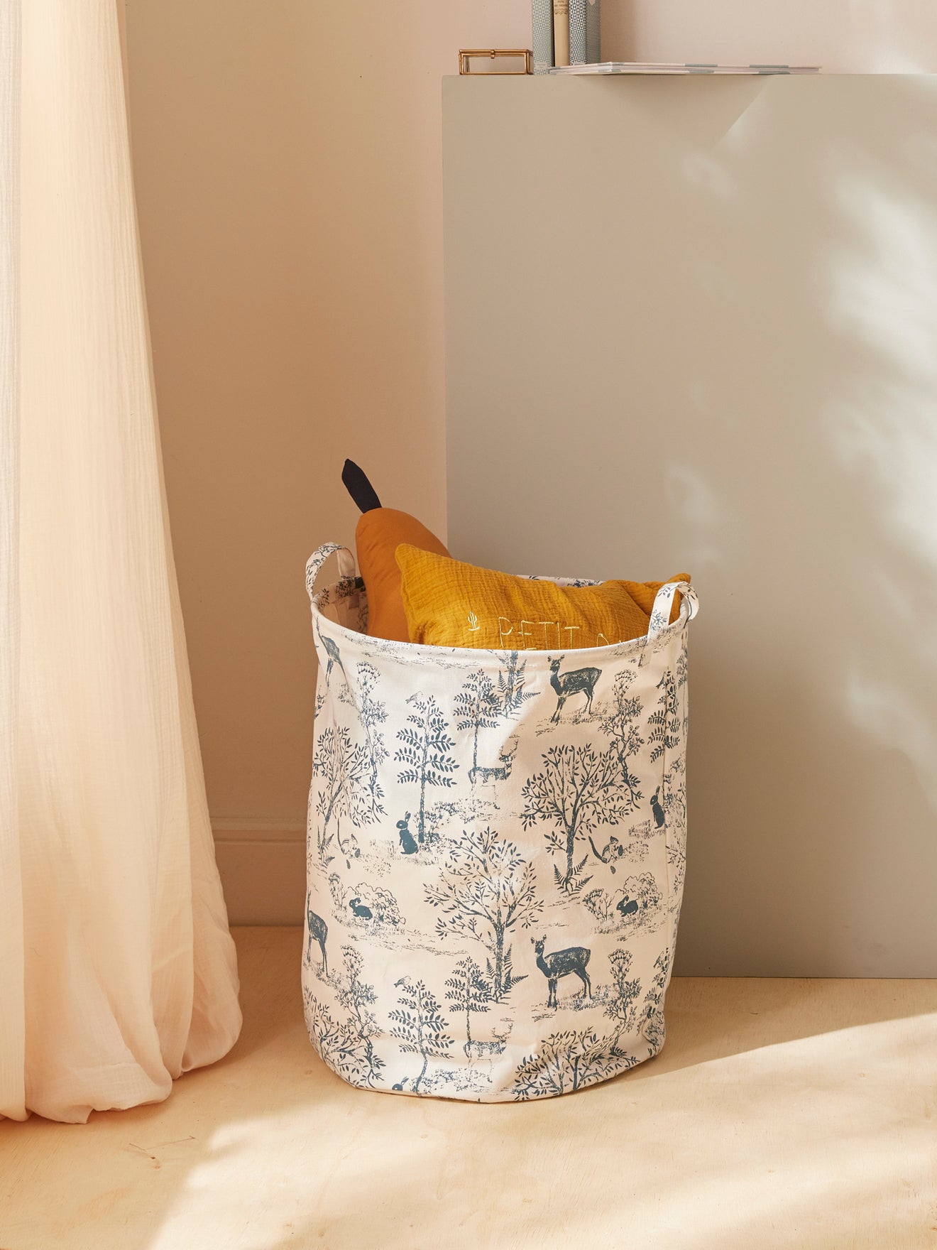 Ronde opbergbak in toile de Jouy stijl