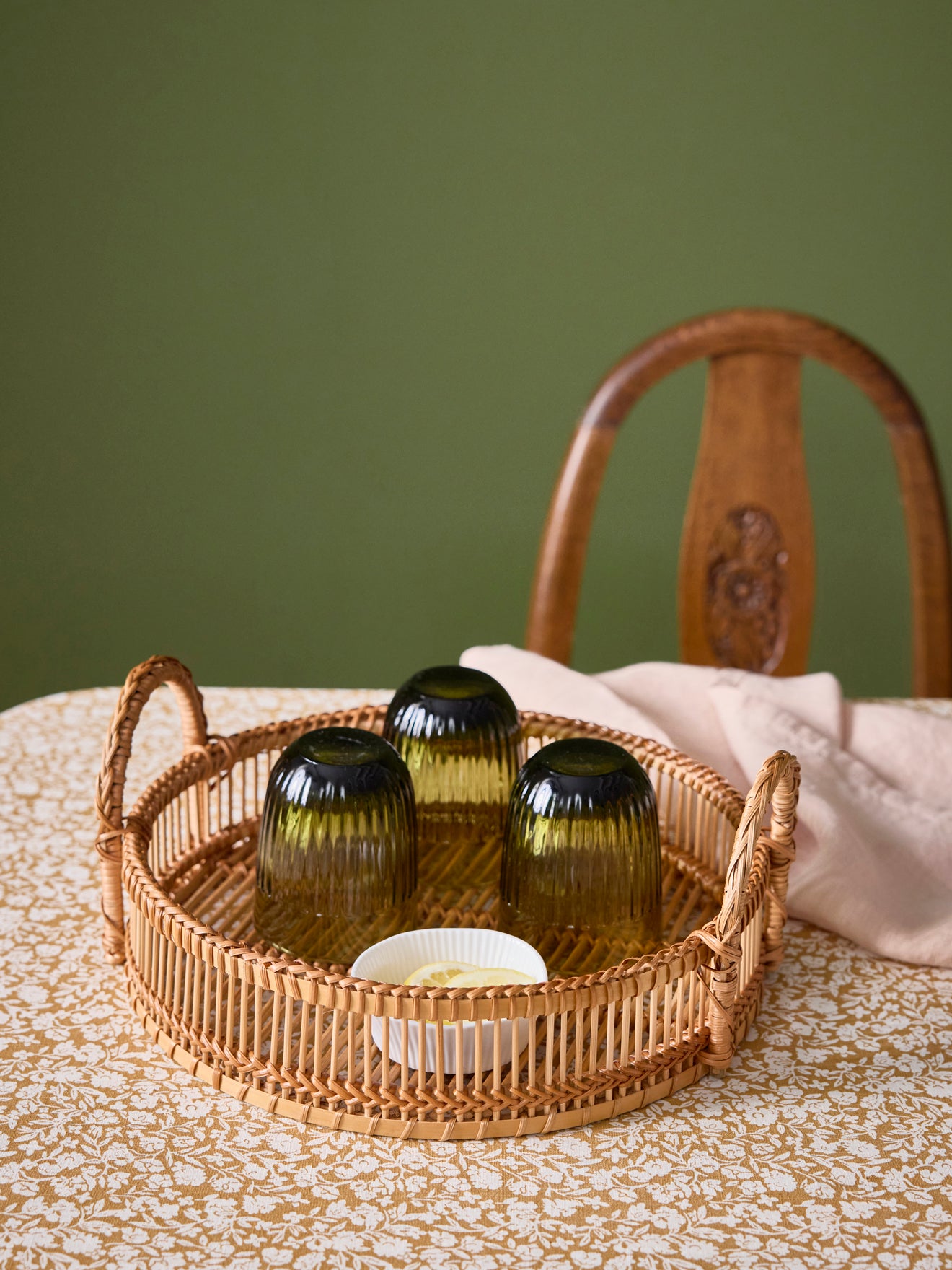 Rond dienblad in bamboe en rotan - klein model