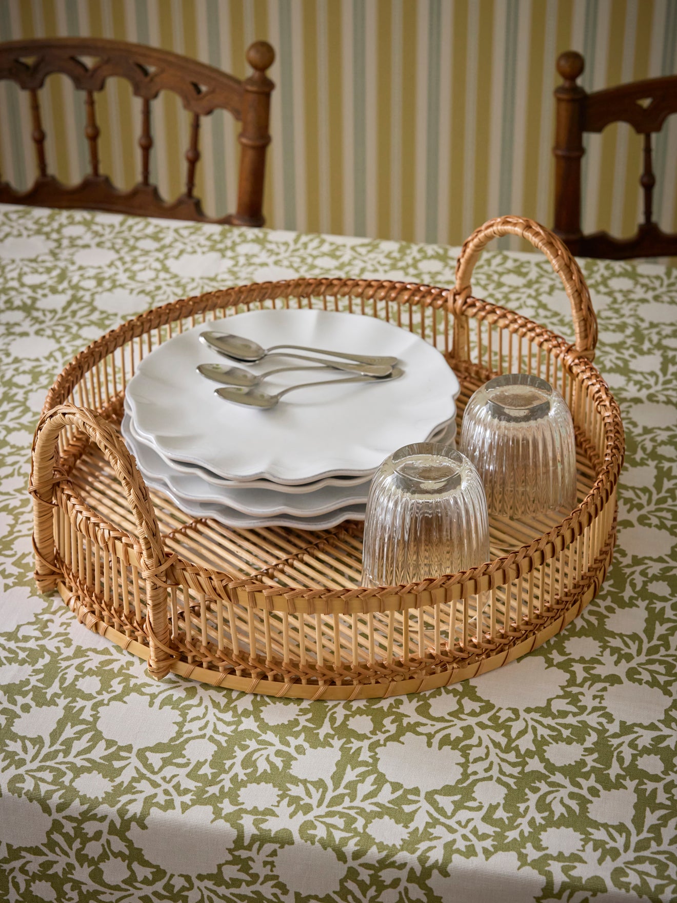 Rond dienblad in bamboe en rotan - groot model