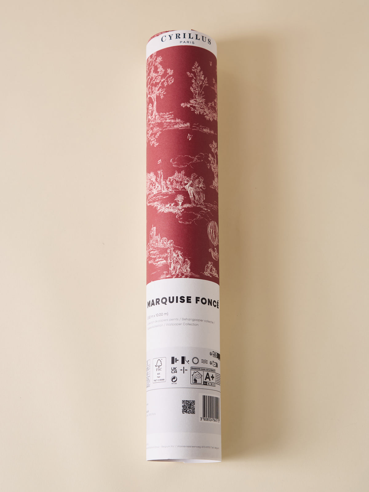 Papier peint bordeaux esprit toile de Jouy