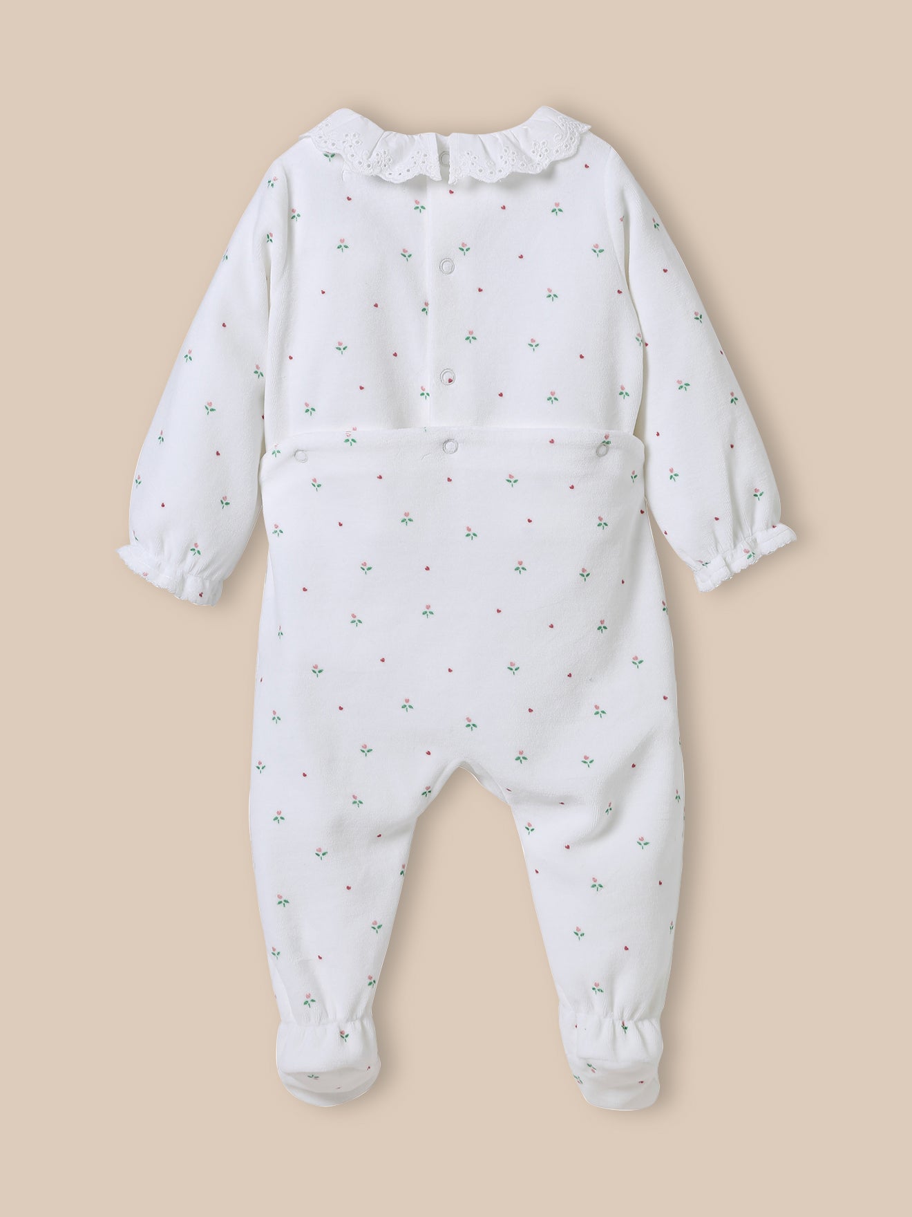 Babyslaappakje in velours met kraag in broderie anglaise