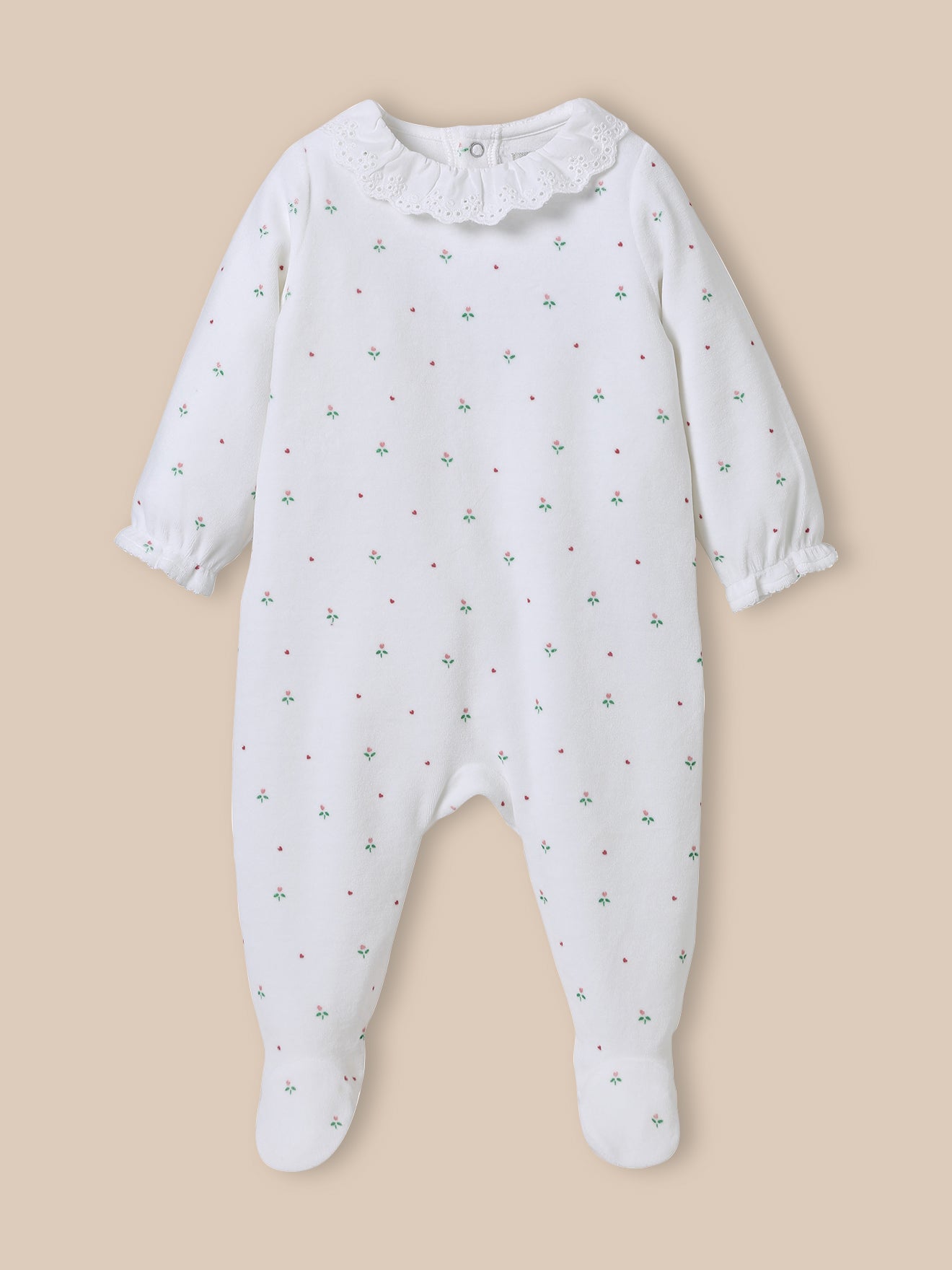 Babyslaappakje in velours met kraag in broderie anglaise