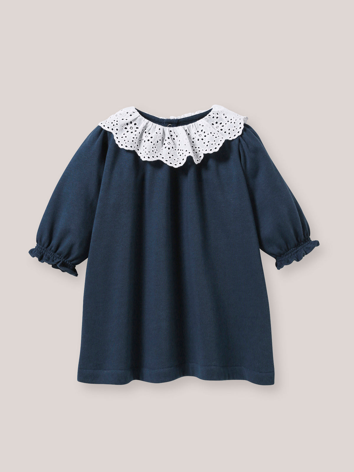 Babyjurk in molton met kraag in broderie anglaise