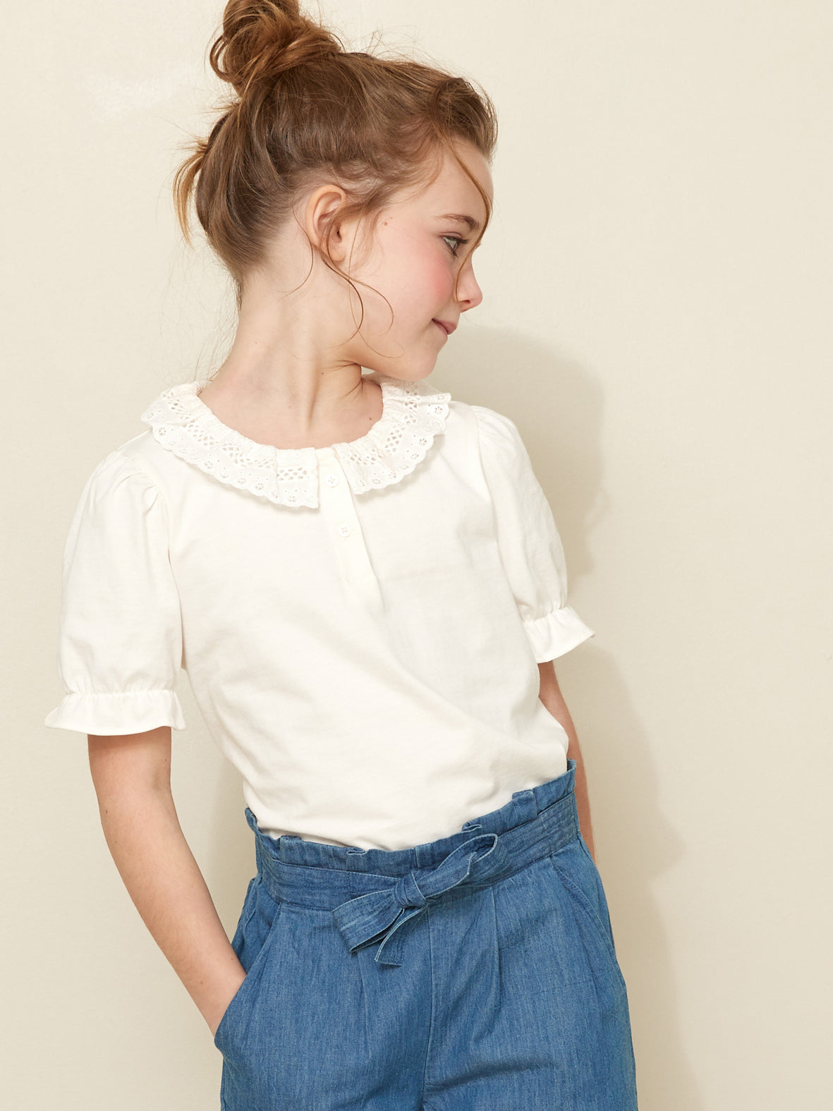 T-shirt Fille col dentelle - Coton Biologique