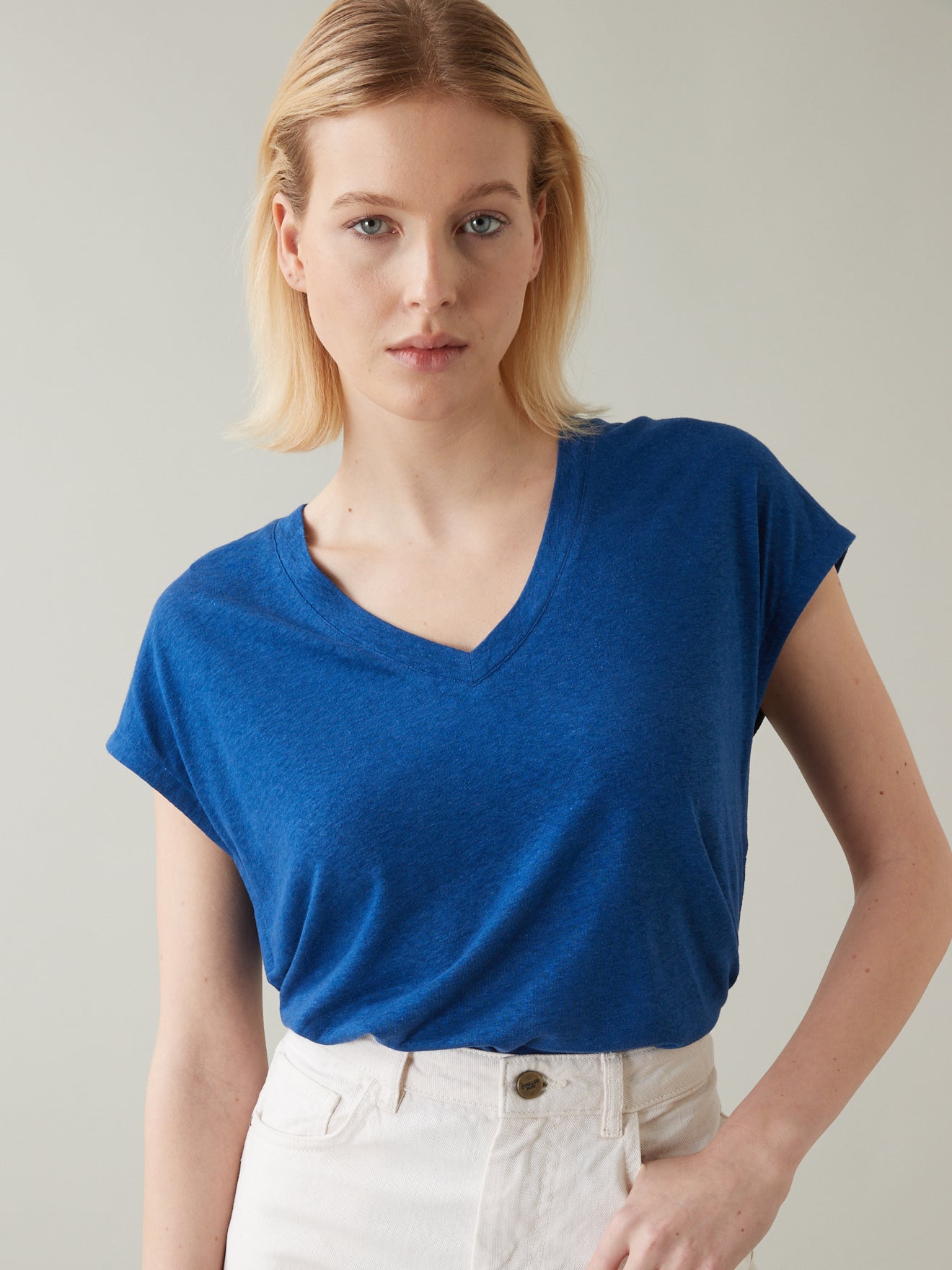 Damesshirt met V-hals in viscose en linnen